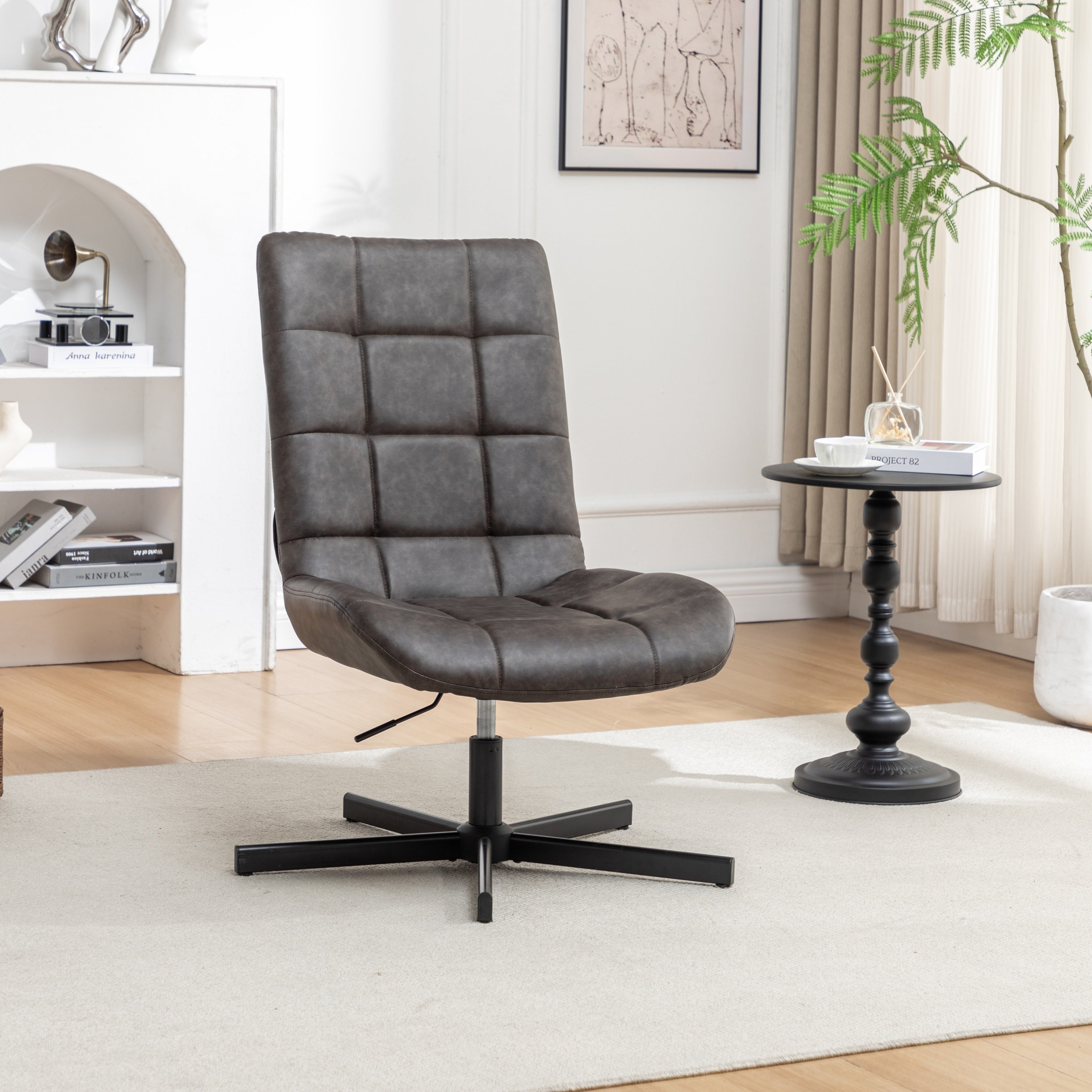 Faux Leather Tufted Swivel Accent Chair Adjustable Height