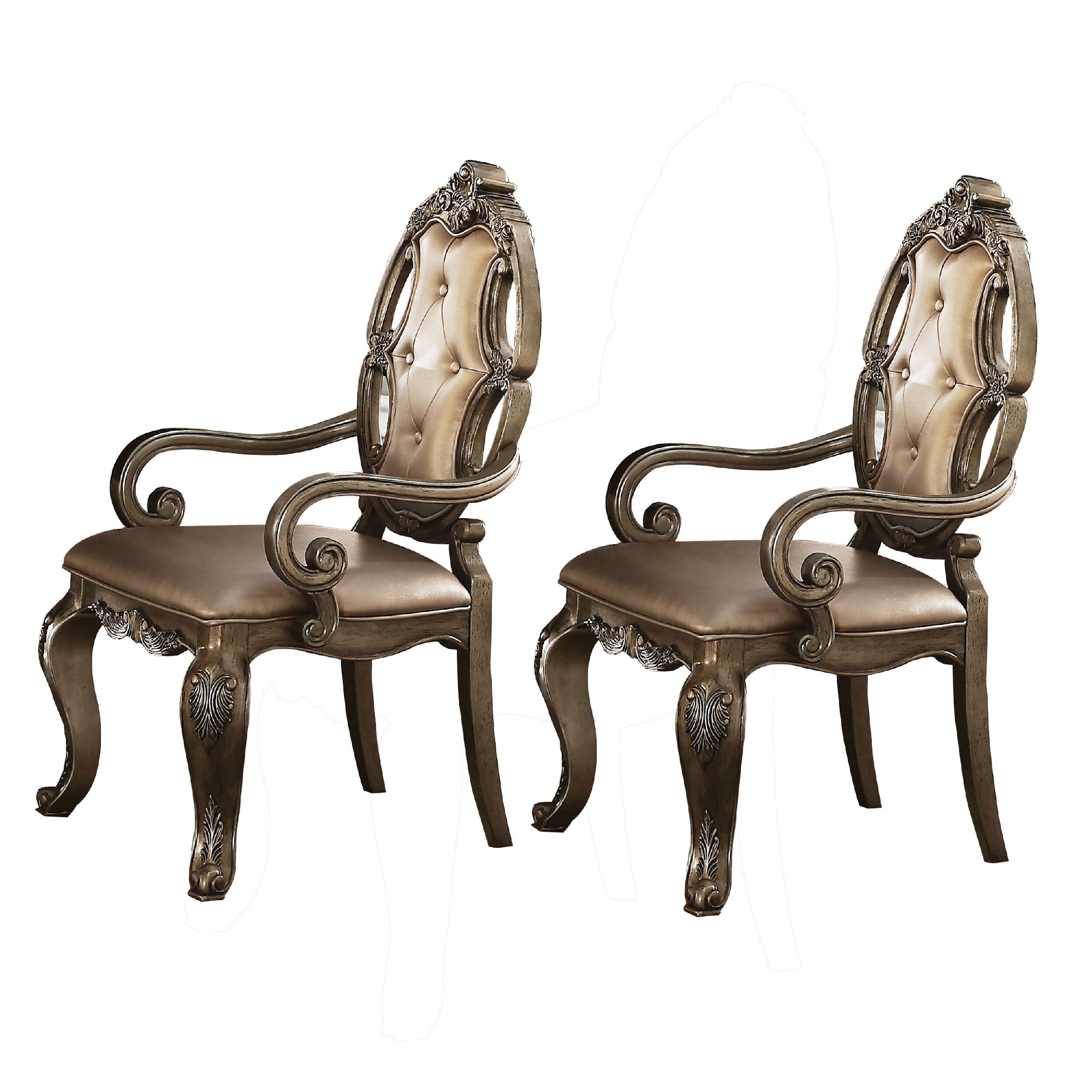 Faux Leather Upholstered Wooden Side Chair Button Tufted Back Champaign Gold Set Of Two