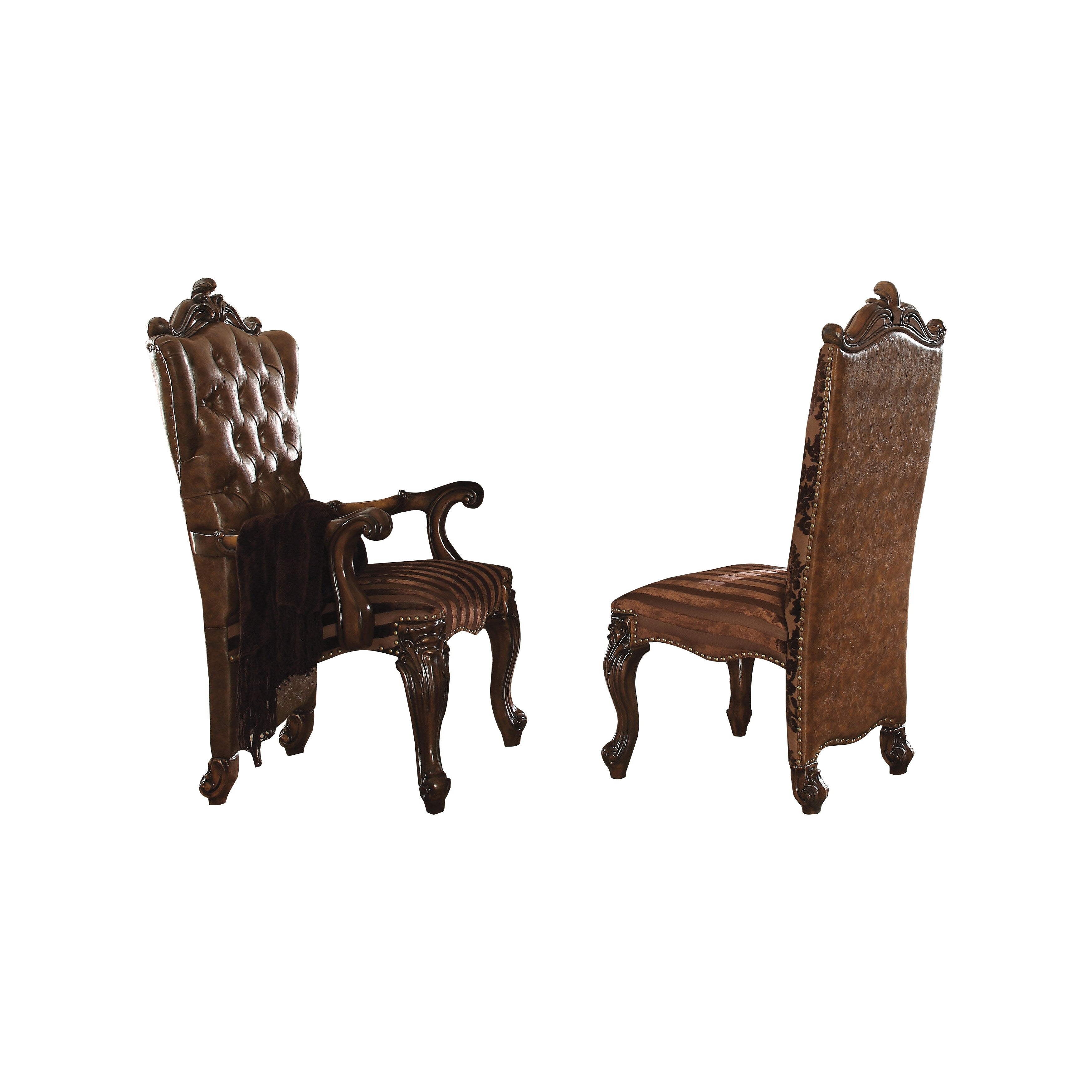 Faux Leather Upholstered Wooden Side Chair With Scrolled Carvings Brown Set Of 2