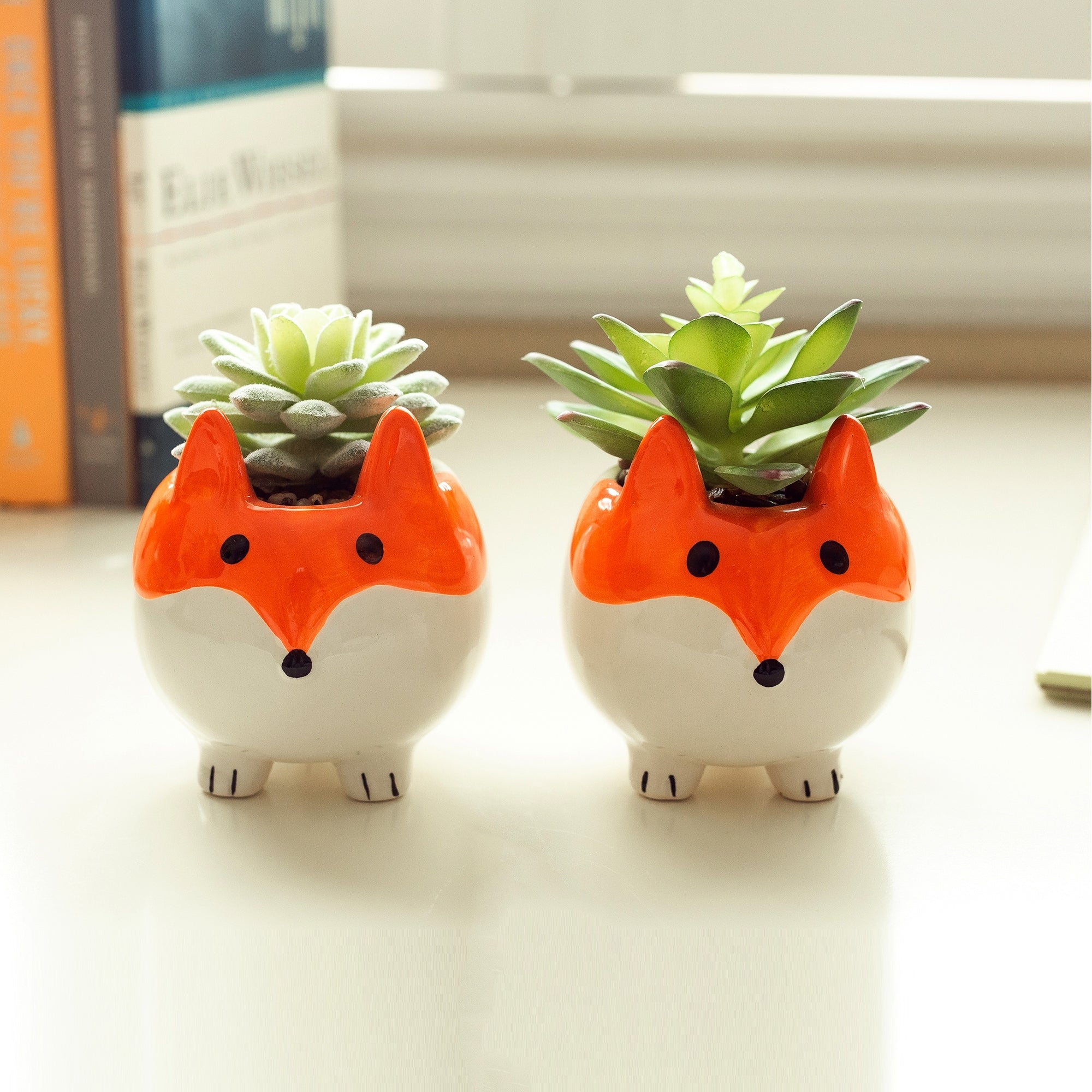 Faux Succulent In 3.5 Small Orange Fox Ceramic Planter Set Of 2 One Size