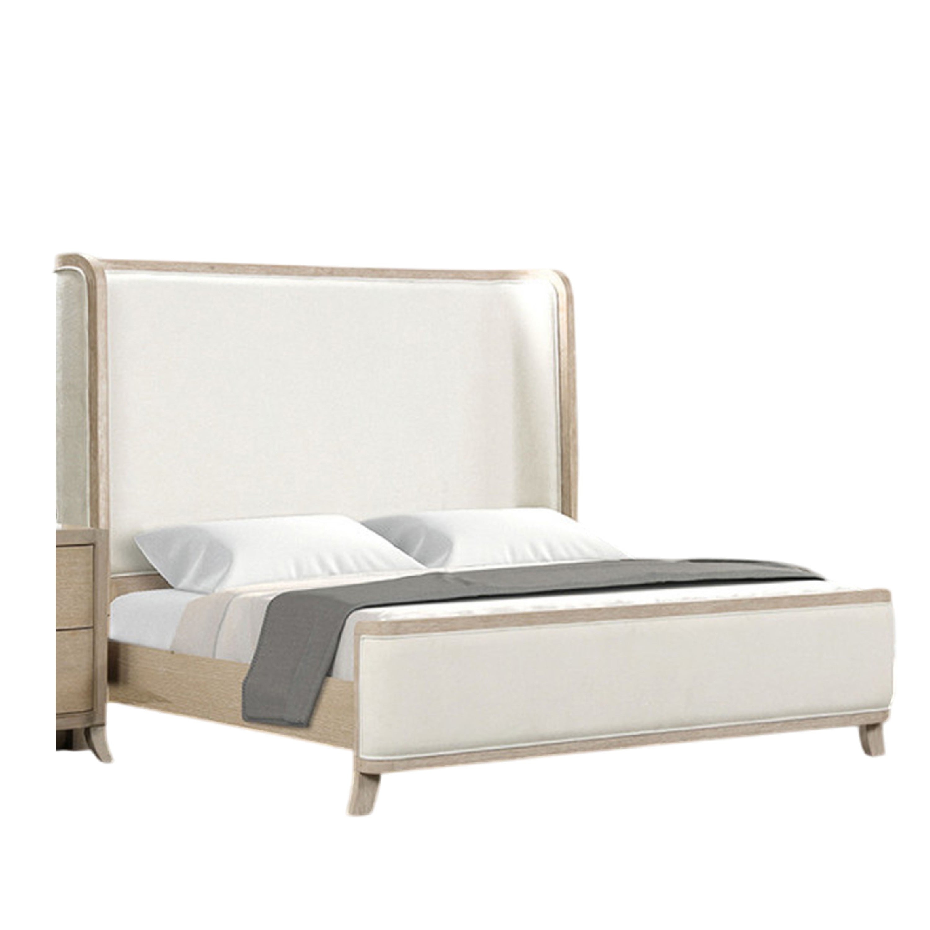 Fea Queen Bed Natural Oak Shelter Padded Headboard White Upholstery