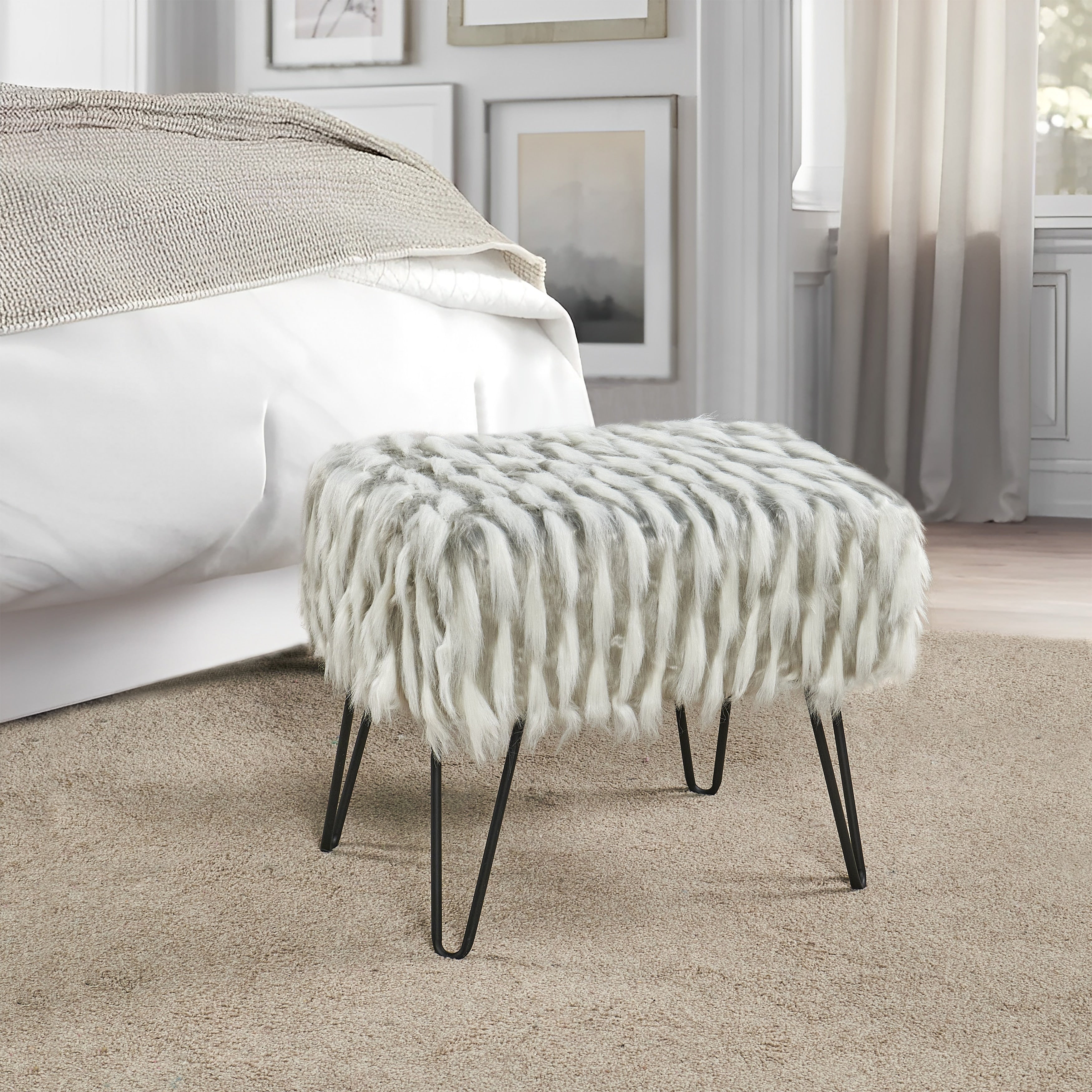 Silver Orchid Davies Faux Fur Ottoman