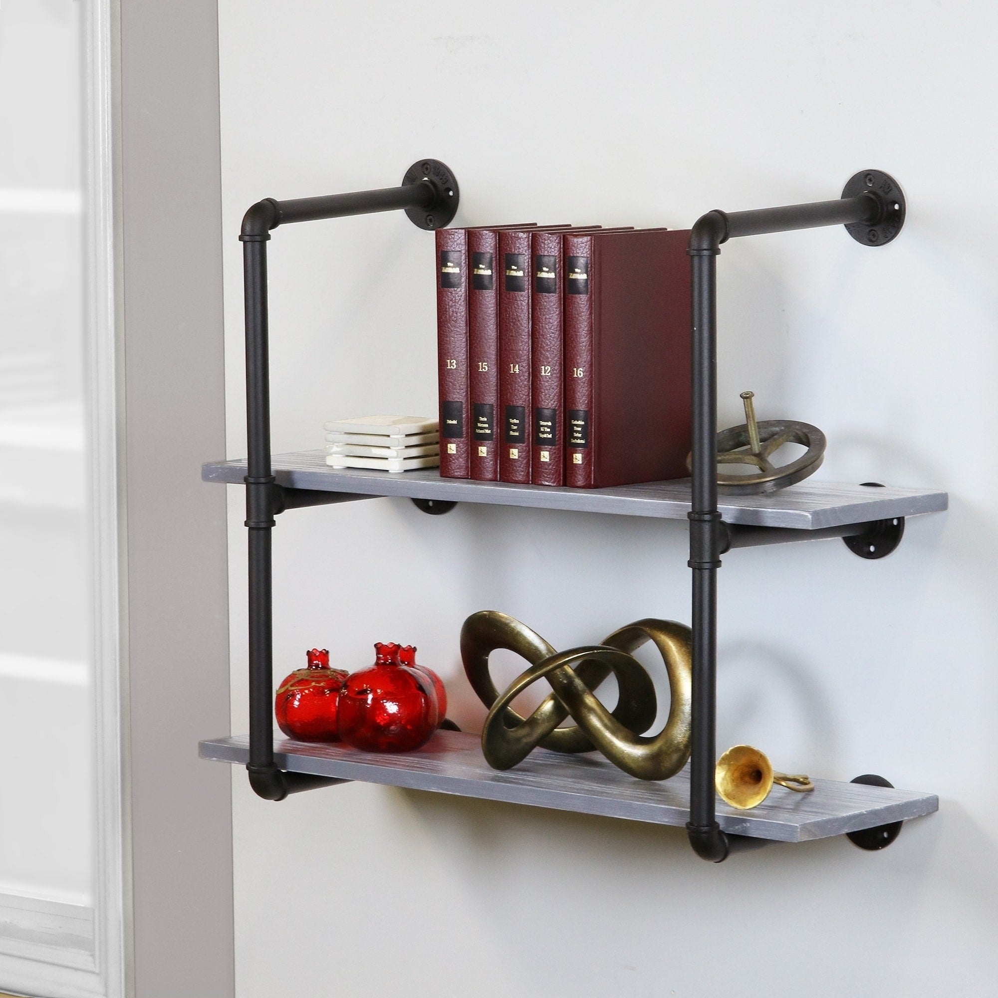 Carbon Loft Foronjy Black Pipe 2 Level Weathered Grey Floating Wooden Bookshelves