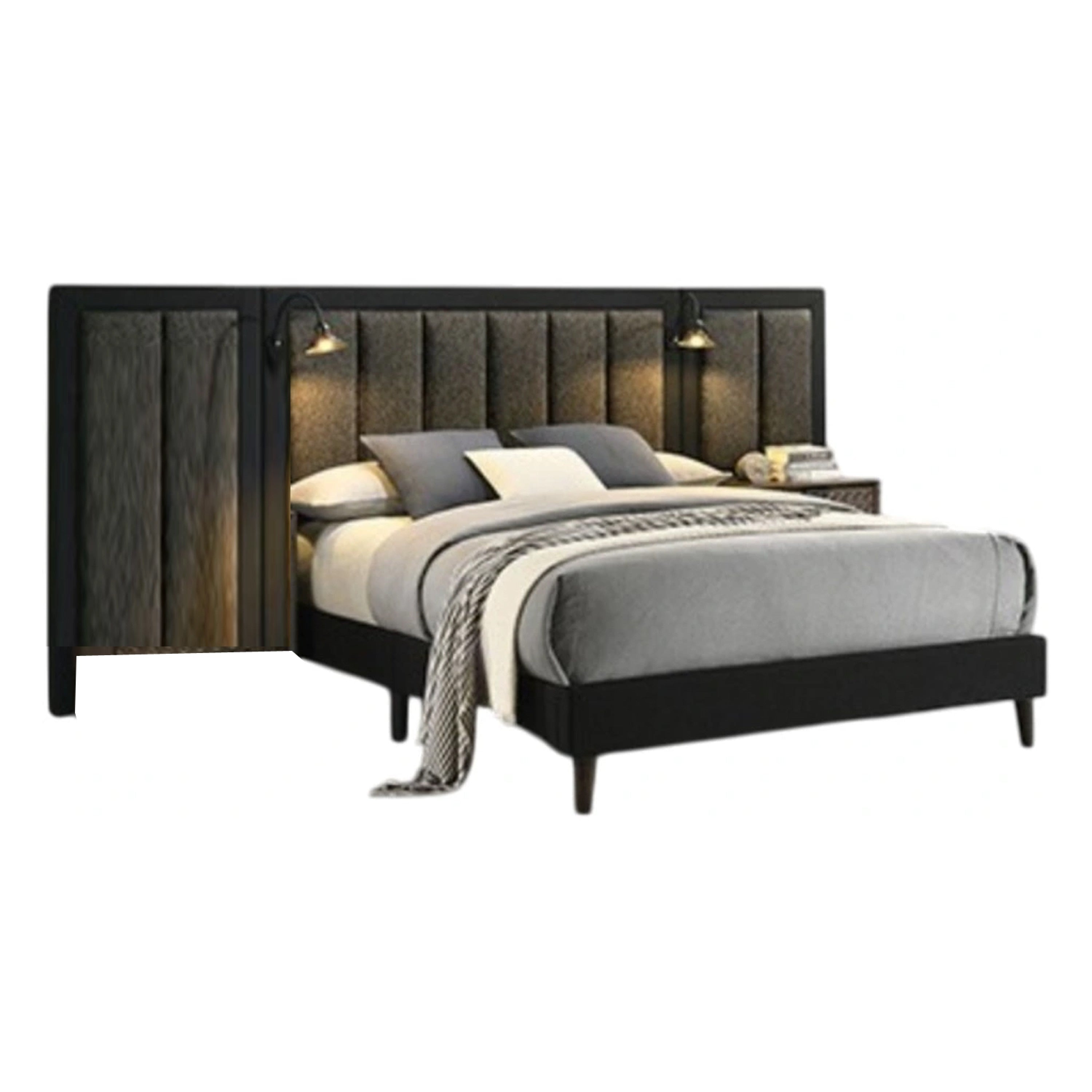 Fel Queen Size Bed Dark Brown Wood Frame Upholstered Headboard