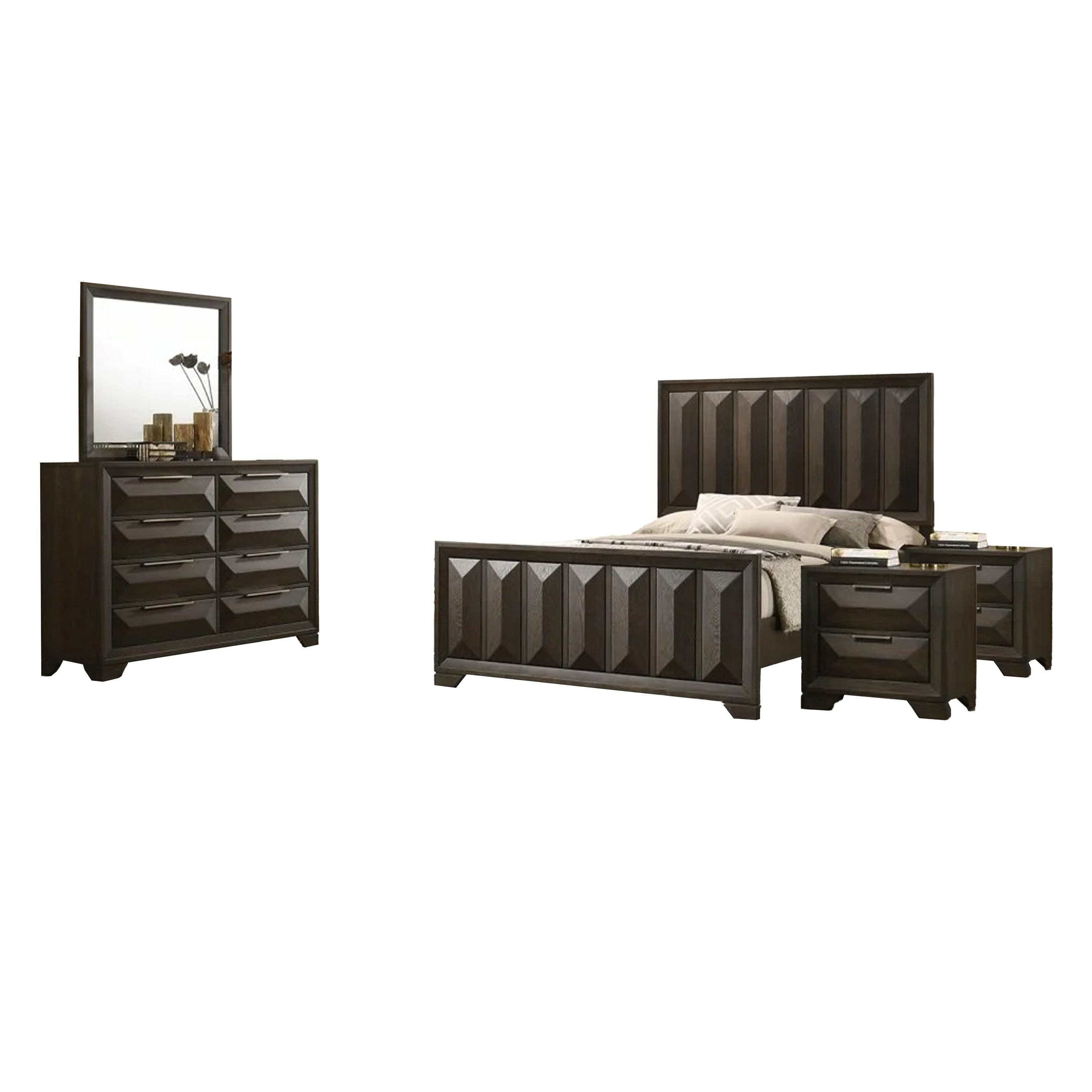 Fema 5Pc Queen Bedroom Set Vertical Faceted Panel 2 Nightstands Brown