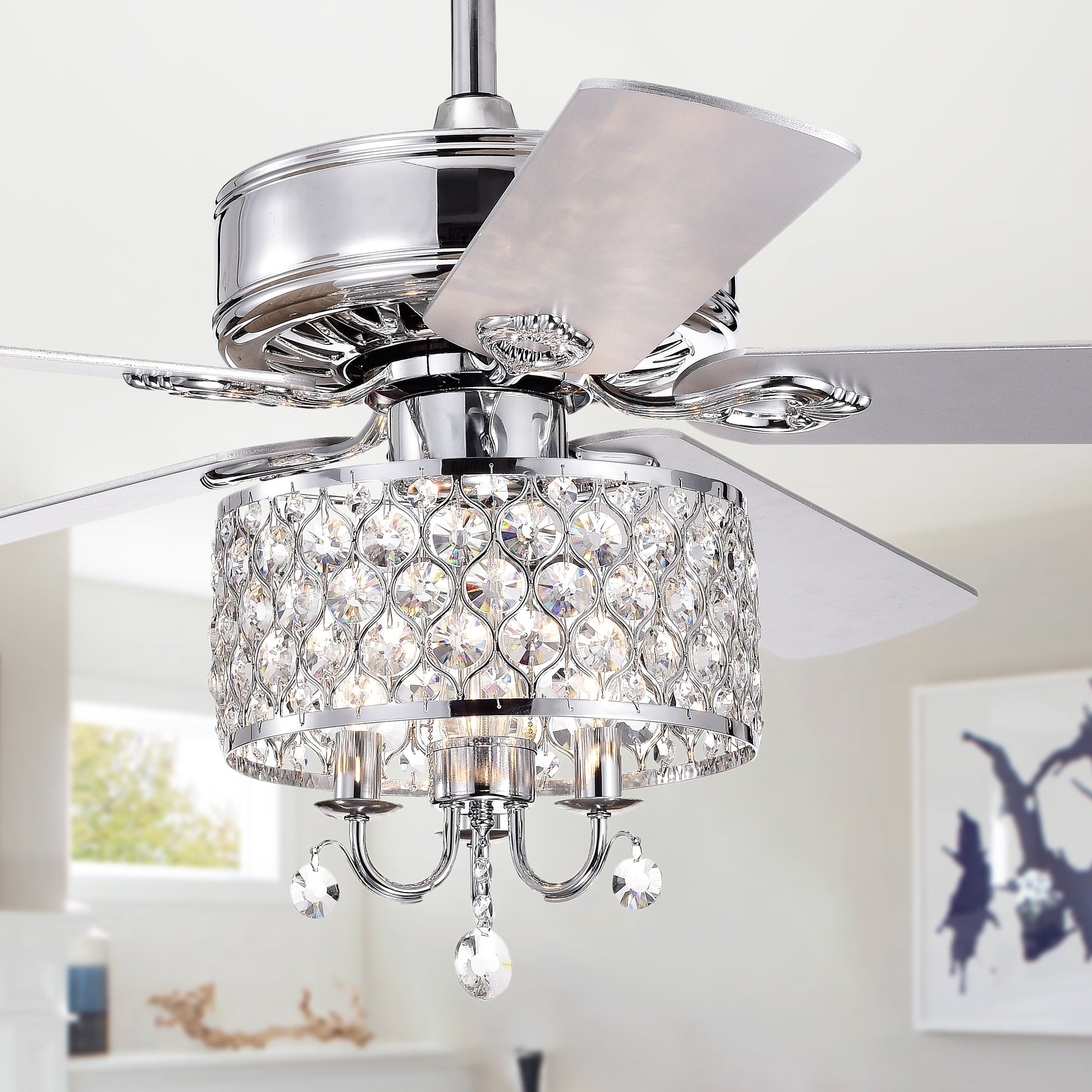 Fengren 52 Inch Chrome Lighted Ceiling Fan With Crystal Drum Shade Includes Remote And Light Kit
