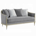 Fero Loveseat With 4 Pillows Gray Chenille Champagne Wood Trim 71 Inch