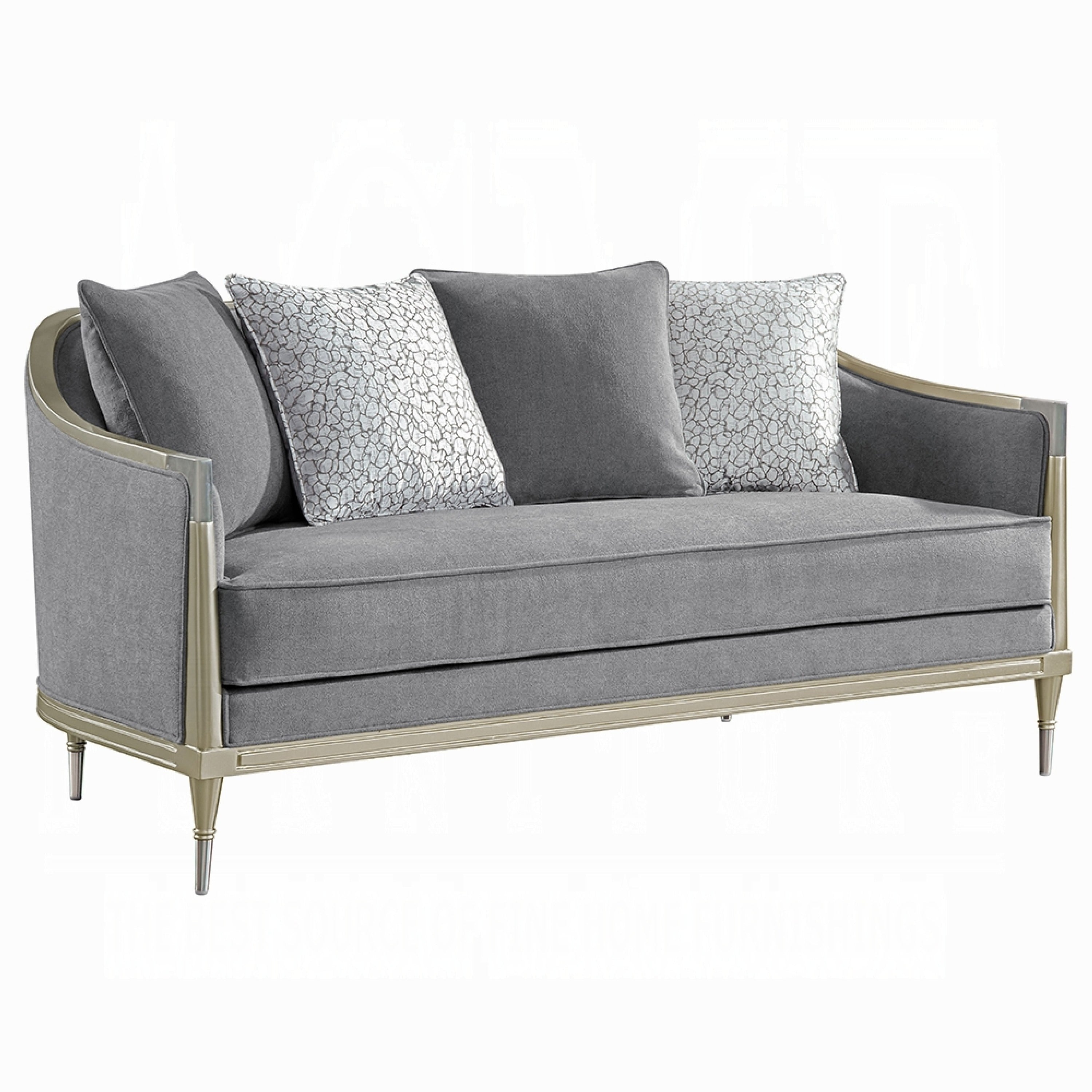 Fero Loveseat With 4 Pillows Gray Chenille Champagne Wood Trim 71 Inch