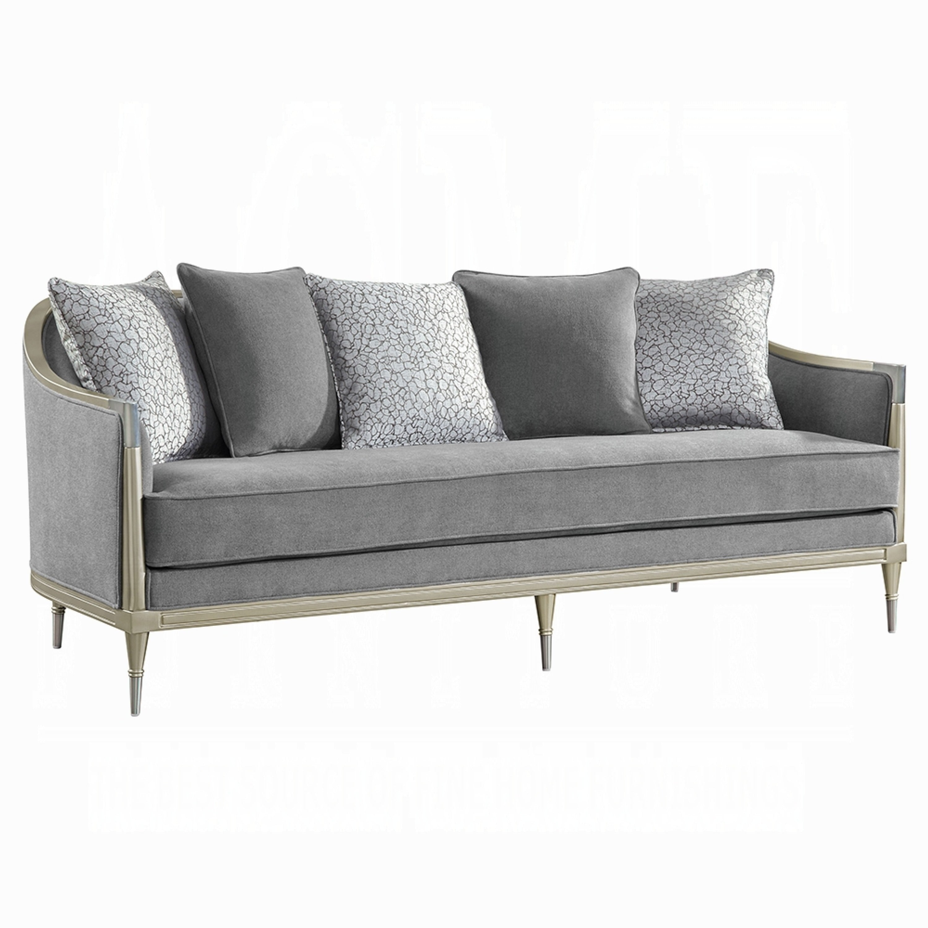 Fero Sofa With 5 Pillows Gray Chenille Champagne Wood Trim 87 Inch