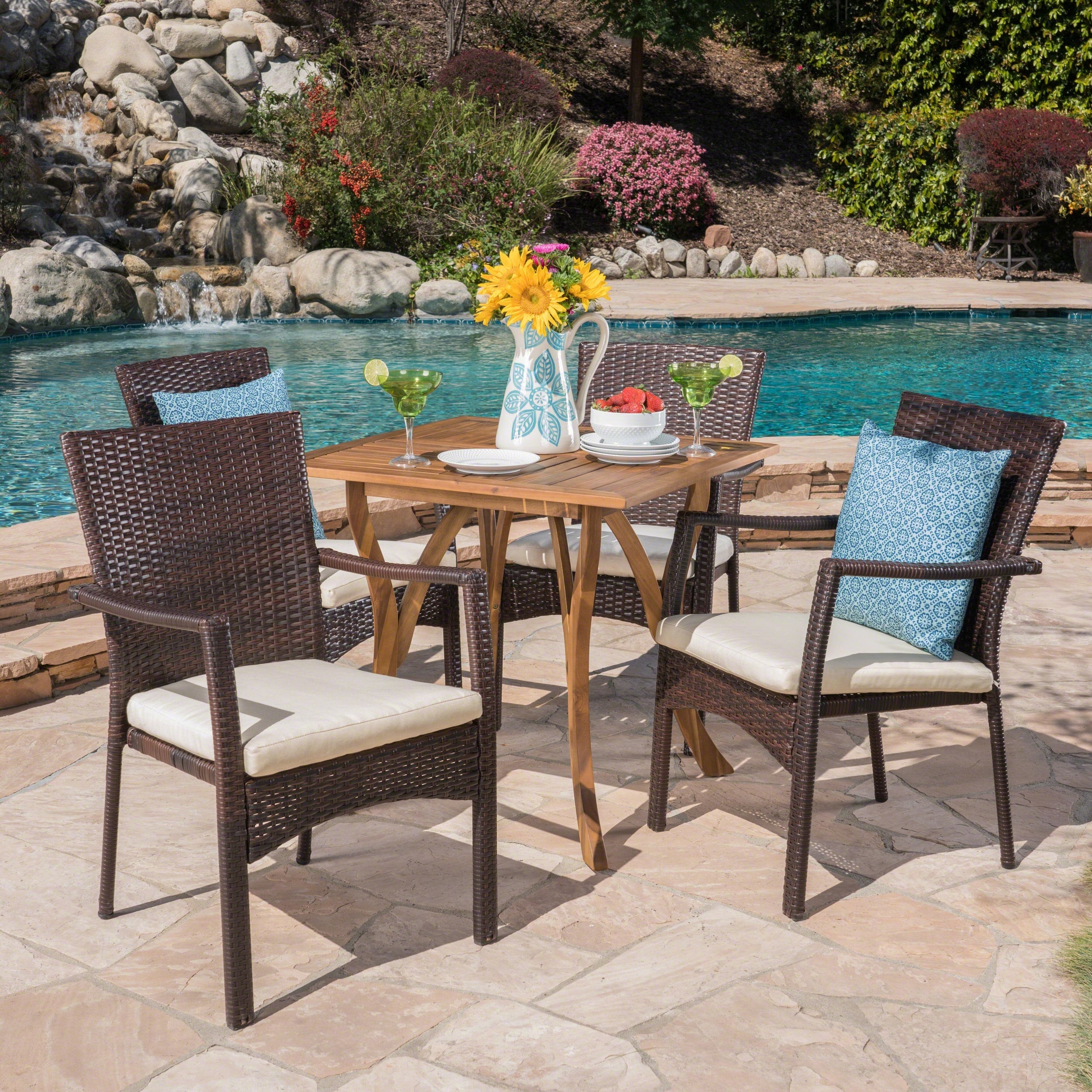 Ferris Outdoor 5 Piece Acacia Wood Wicker Dining Set By Christopher Knight Home