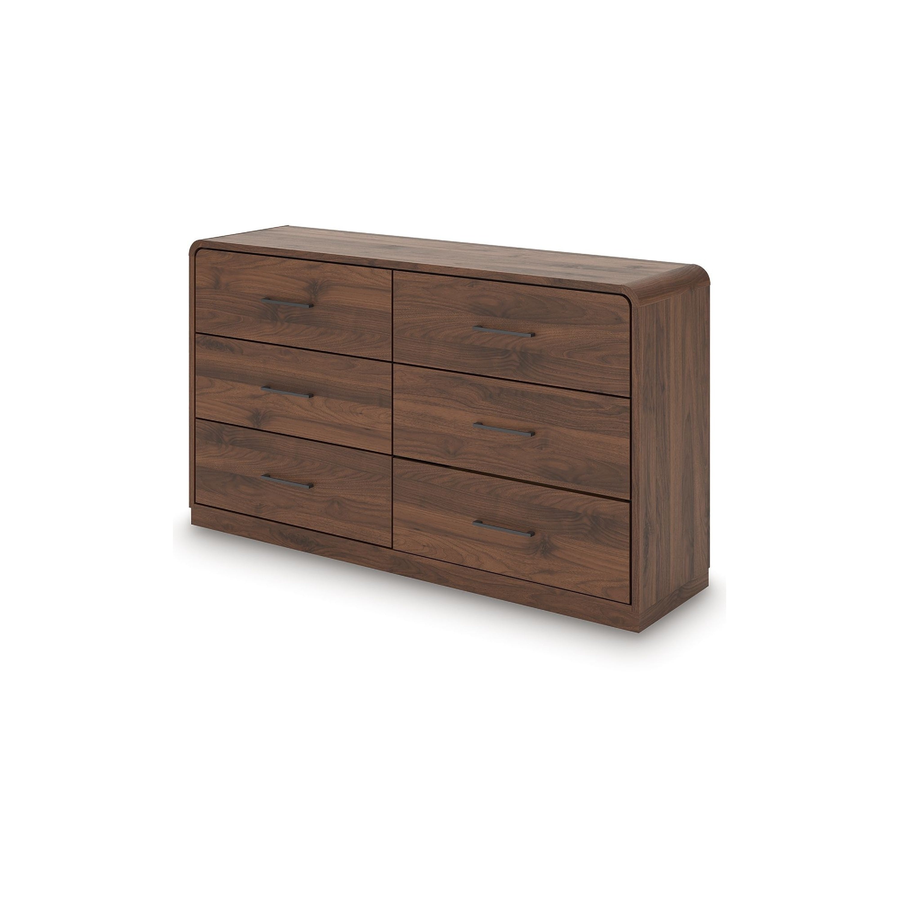 Fery Wide Dresser 6 Drawers Black Handles Modern Sleek Walnut Brown