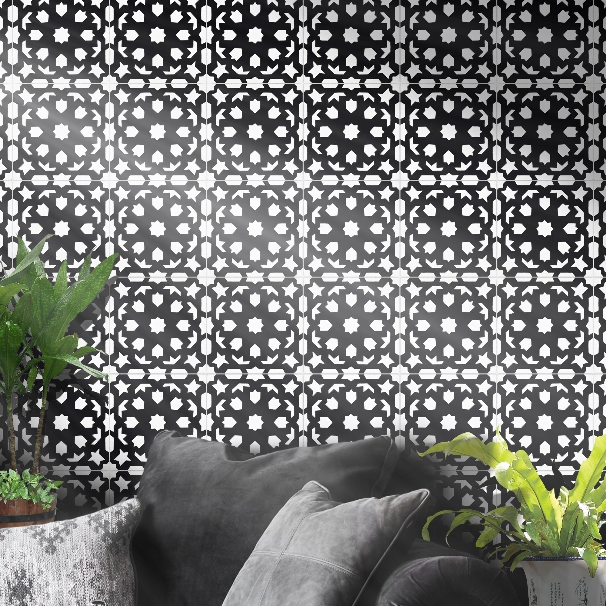 Fes In Black And White Handmade 8X8 Inch Moroccan Tile Pack Of 12