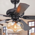 Figuera 52 Inch 5 Blade Antique Black Lighted Ceiling Fans With Clear Amber Glass Shade Remote Controlled