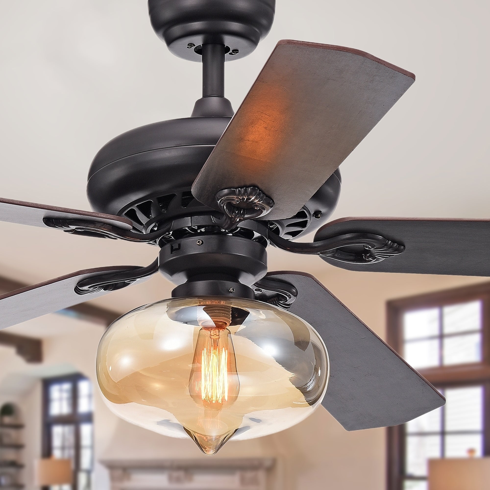 Figuera 52 Inch 5 Blade Antique Black Lighted Ceiling Fans With Clear Amber Glass Shade Remote Controlled