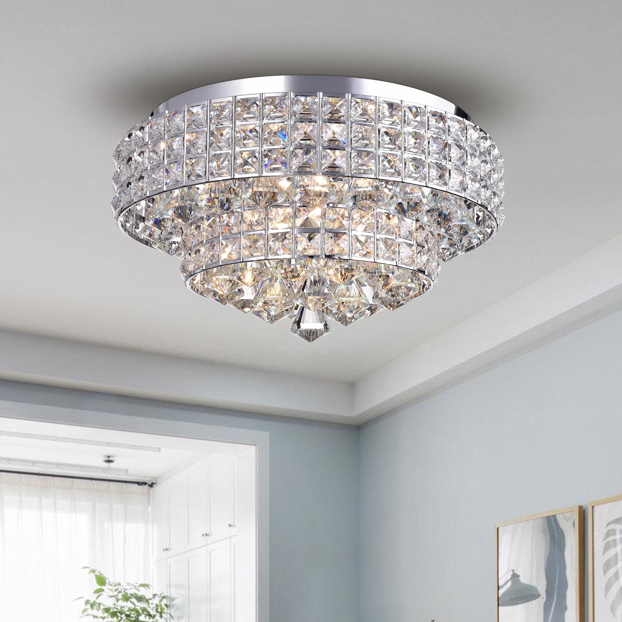 Filmarsh Two Tiered Crystal Chrome Ceiling Lamp