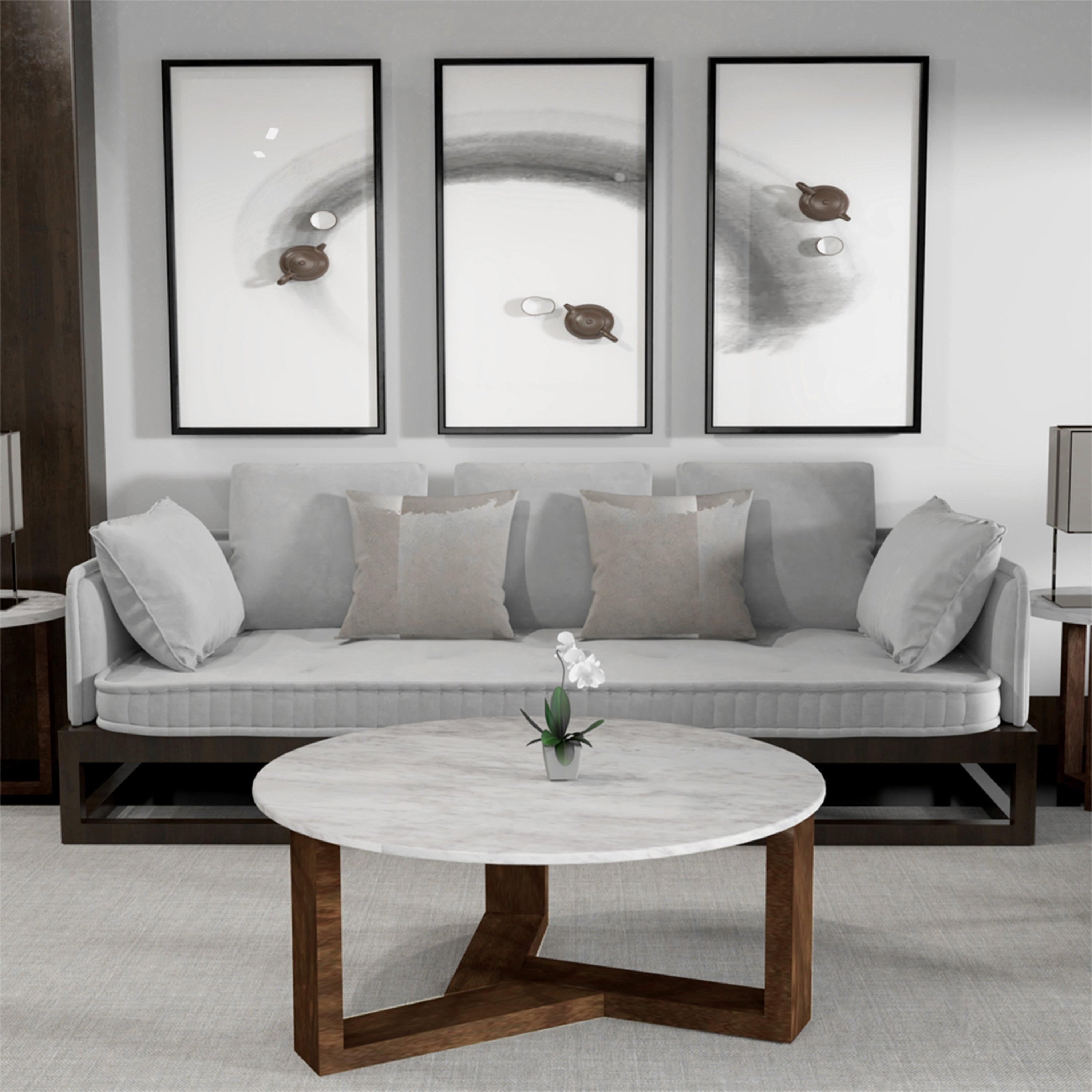 Fina Coffee Table 38 Inch Round White Genuine Marble Top Natural Brown Mango Wood 3 Leg Sled Base