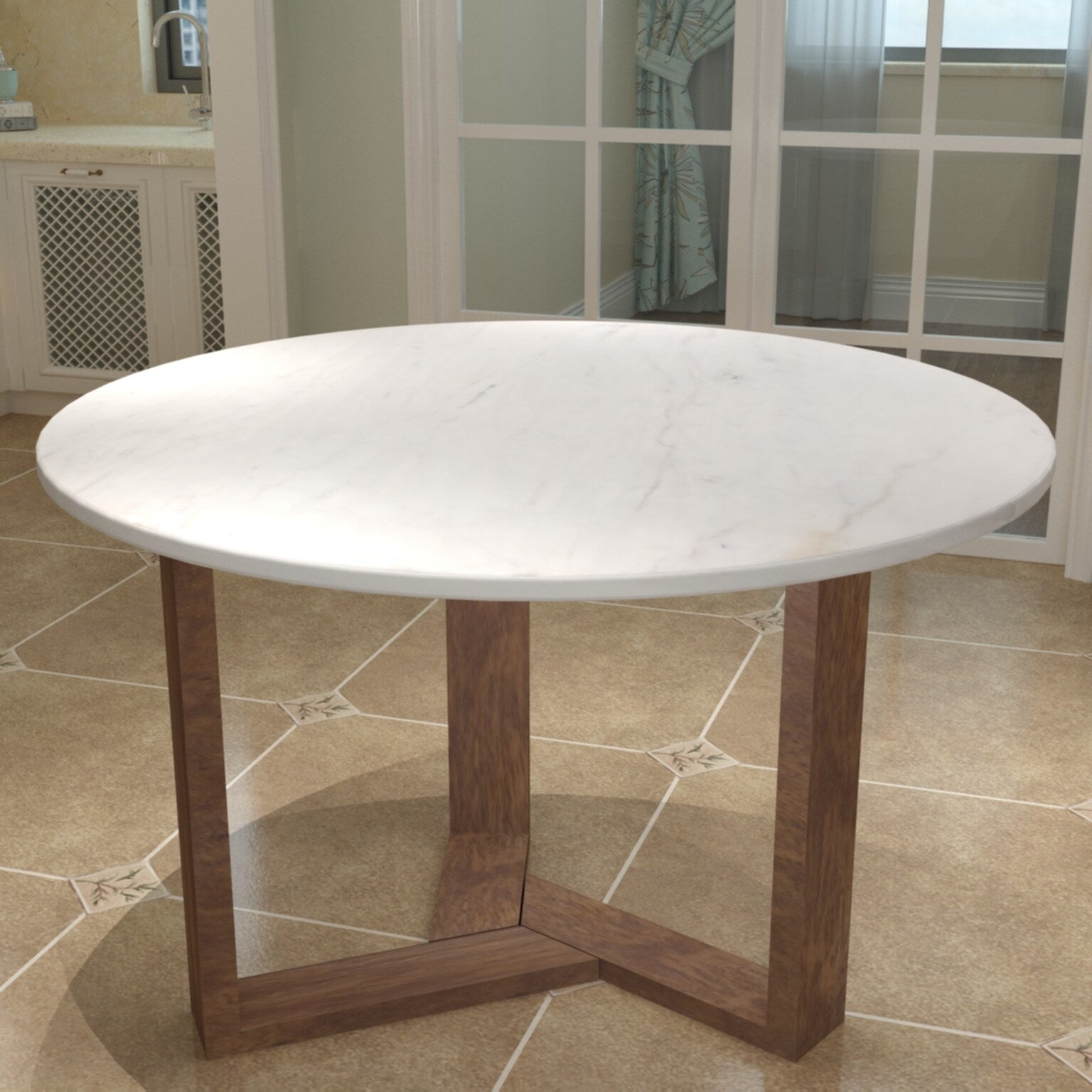 Fina Dining Table 48 Inch Round White Genuine Marble Top Natural Brown Mango Wood 3 Leg Sled Base White Natural Brown