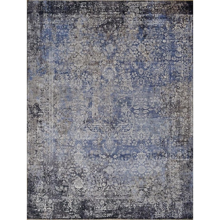 Fine Pure Silk Hand Knotted Silk Gray Blue Area Rug 8 X 10