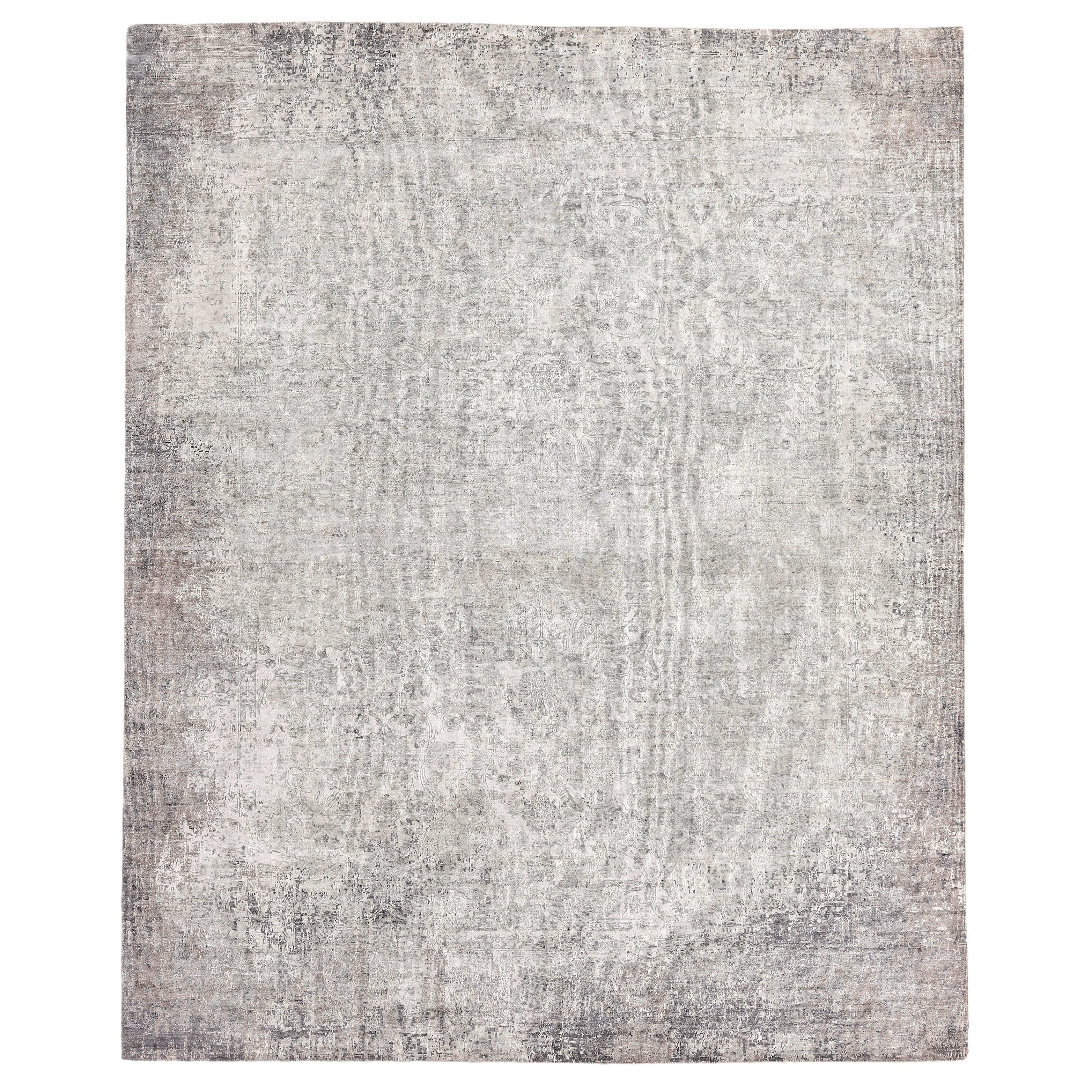 Fine Pure Silk Hand Knotted Silk Silver Ivory Area Rug