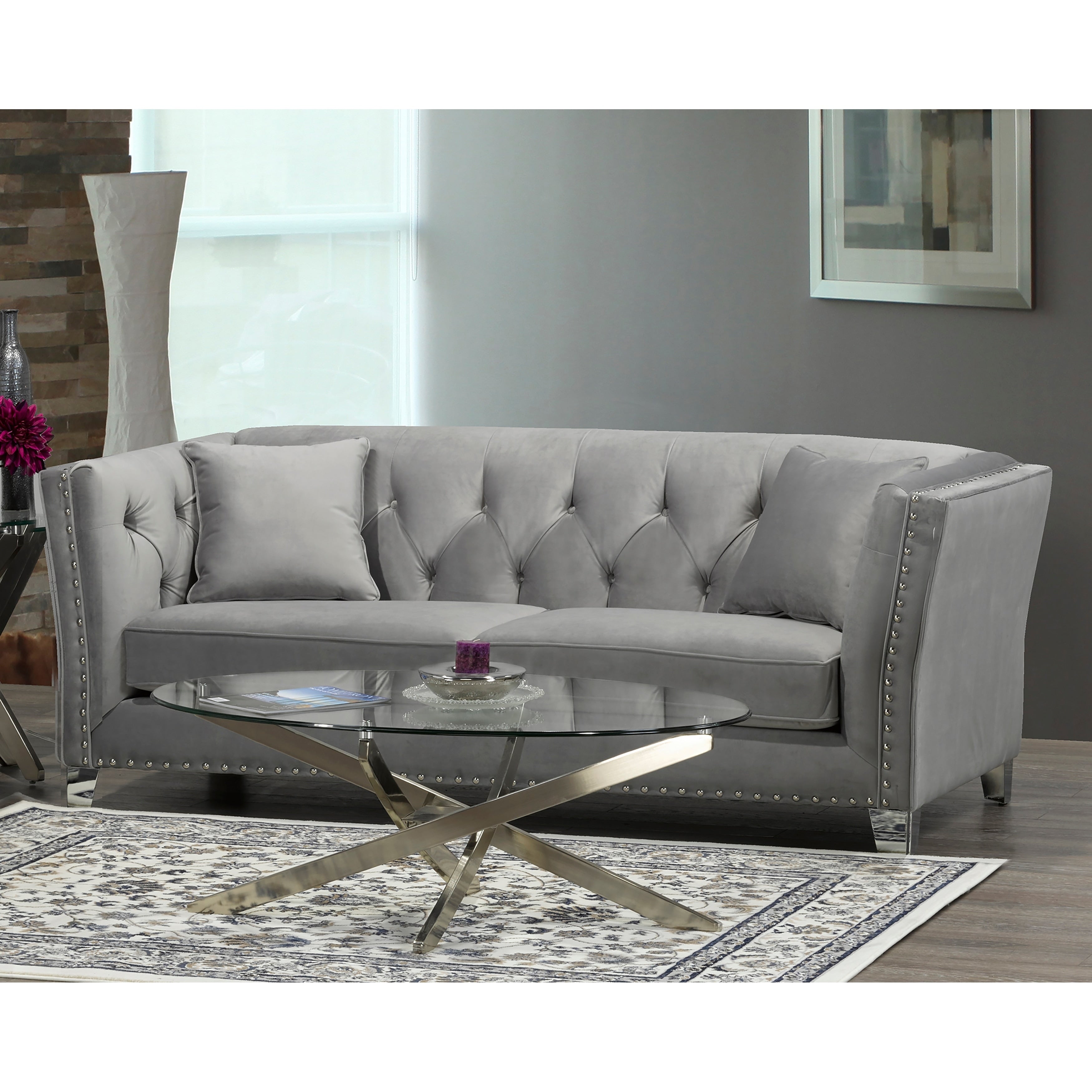 Fiona Modern Grey Velvet Tufted Nailhead Sofa