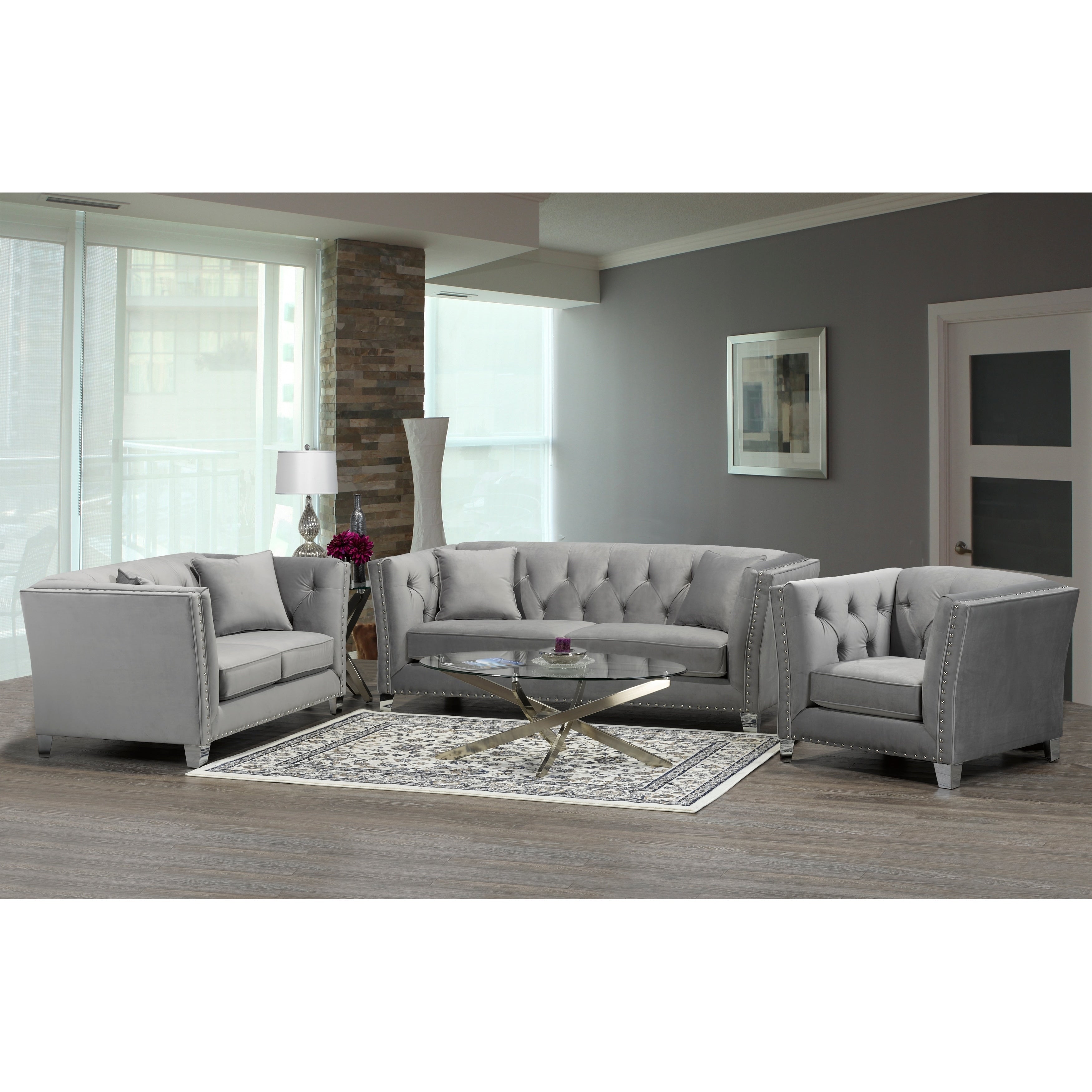 Fiona Modern Grey Velvet Tufted Nailhead Sofa Loveseat And Chair