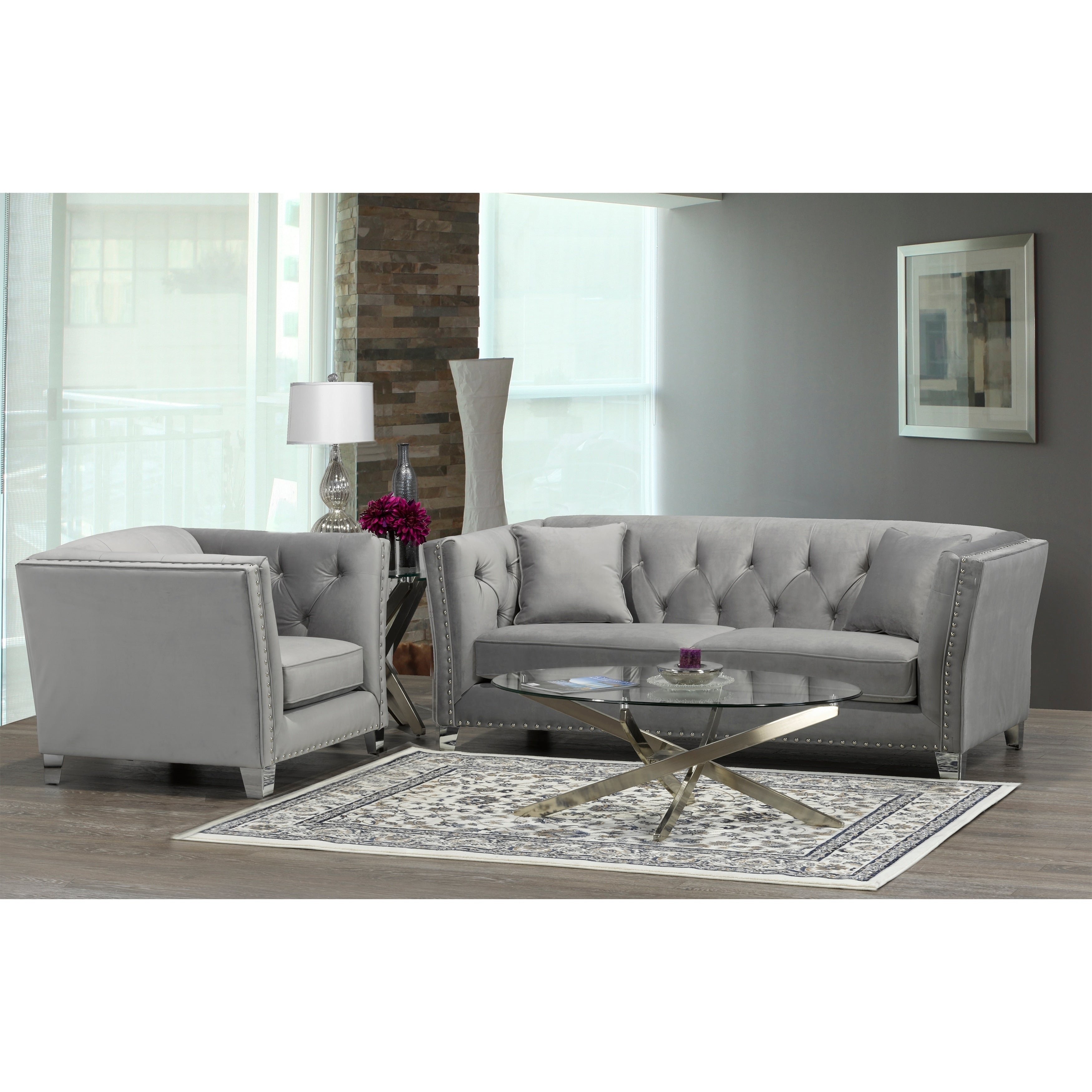 Fiona Modern Grey Velvet Tufted Nailhead Sofa And Chair