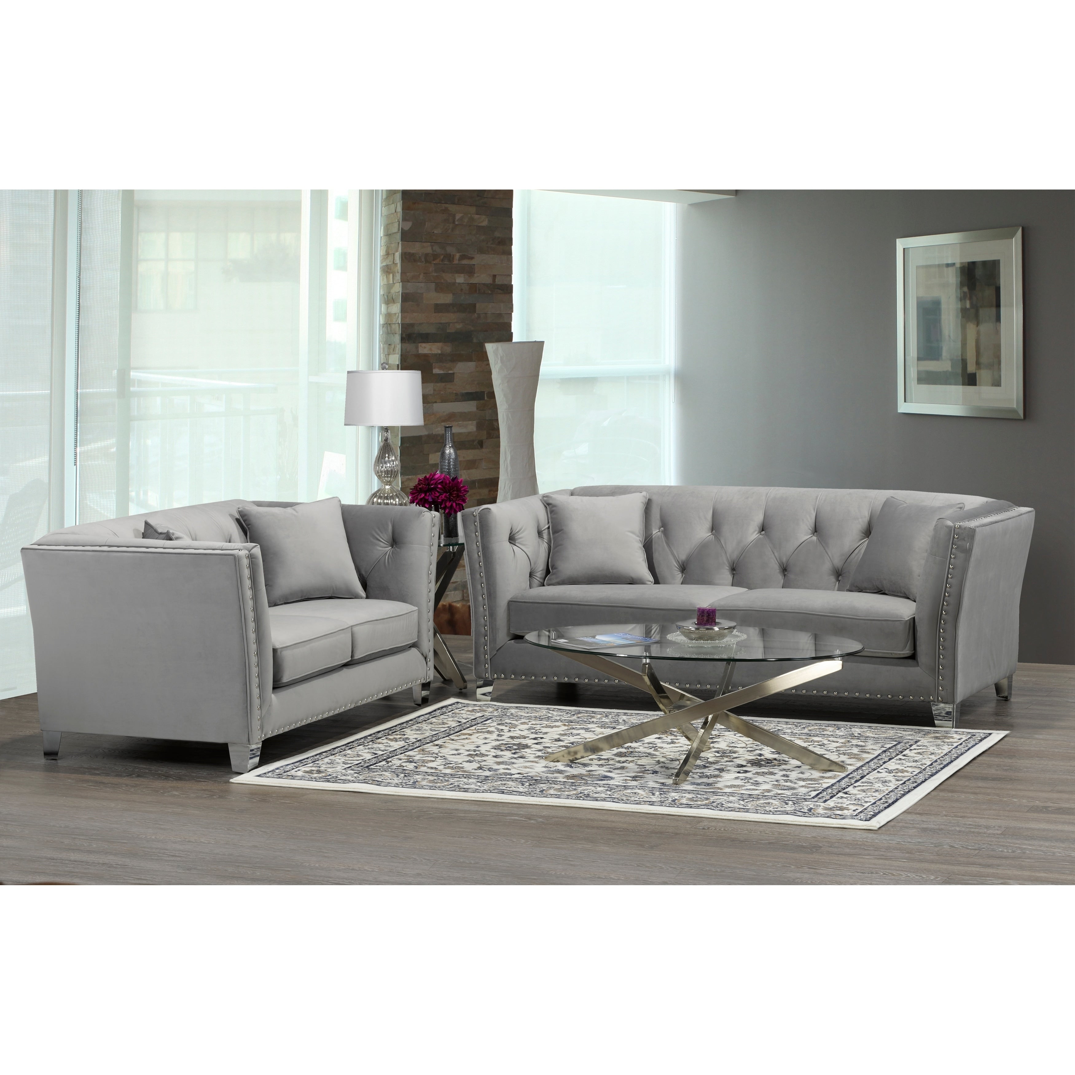Fiona Modern Grey Velvet Tufted Nailhead Sofa And Loveseat