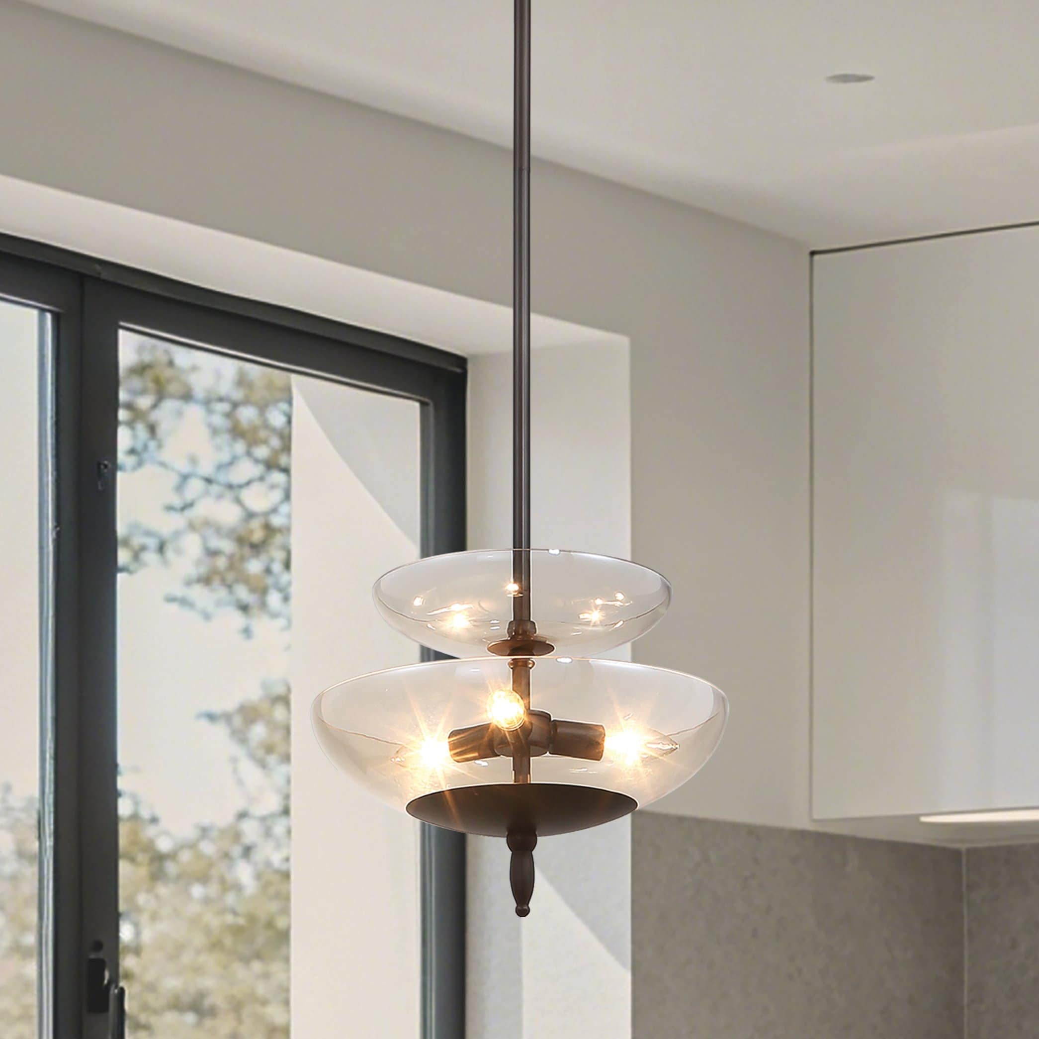 Fiorello 14 Inch 3 Light Forged Bronze Convertible Pendant With Smoked Amber Glass Shades