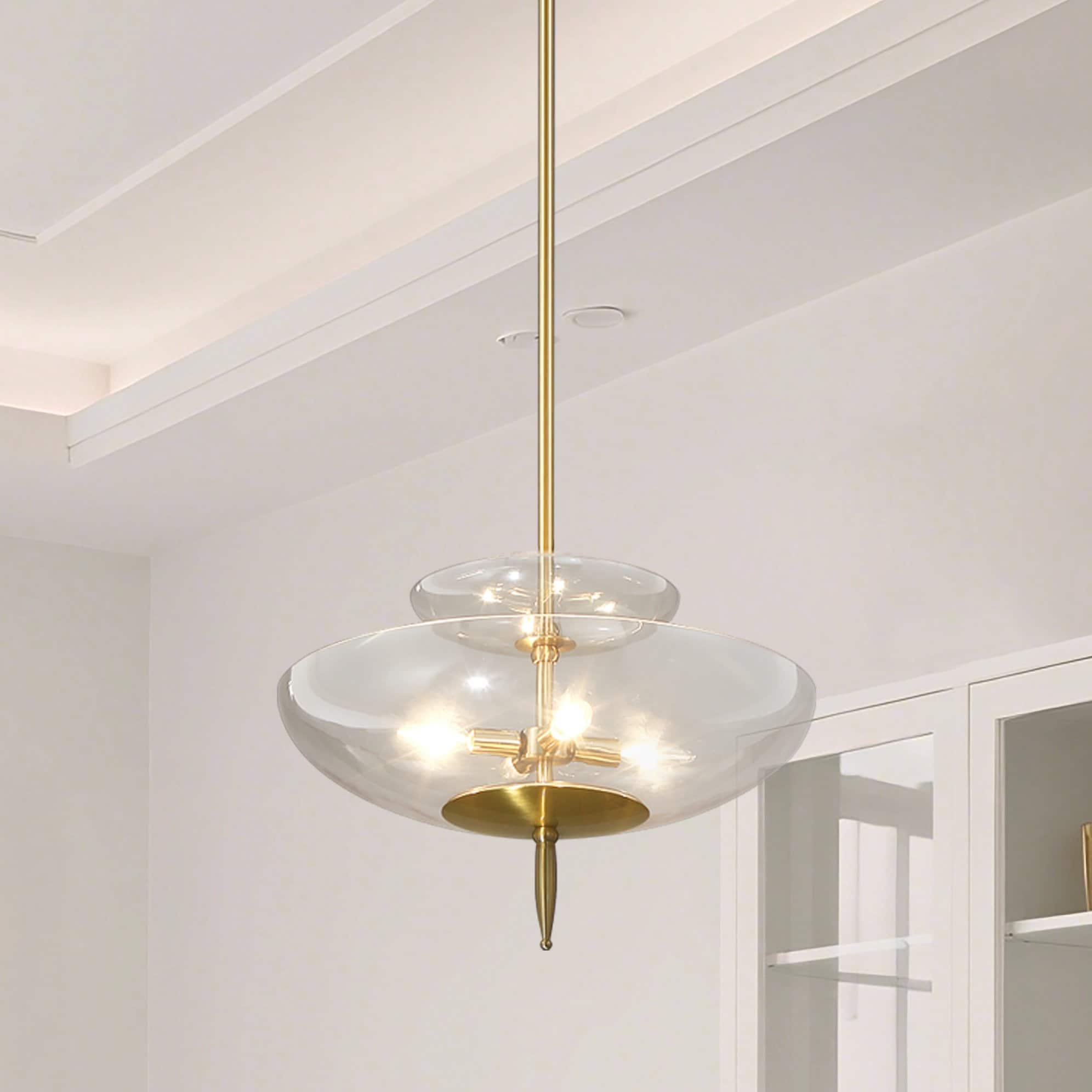 Fiorello 21 Inch 4 Light Brushed Gold Convertible Pendant With Smoked Amber Glass Shades