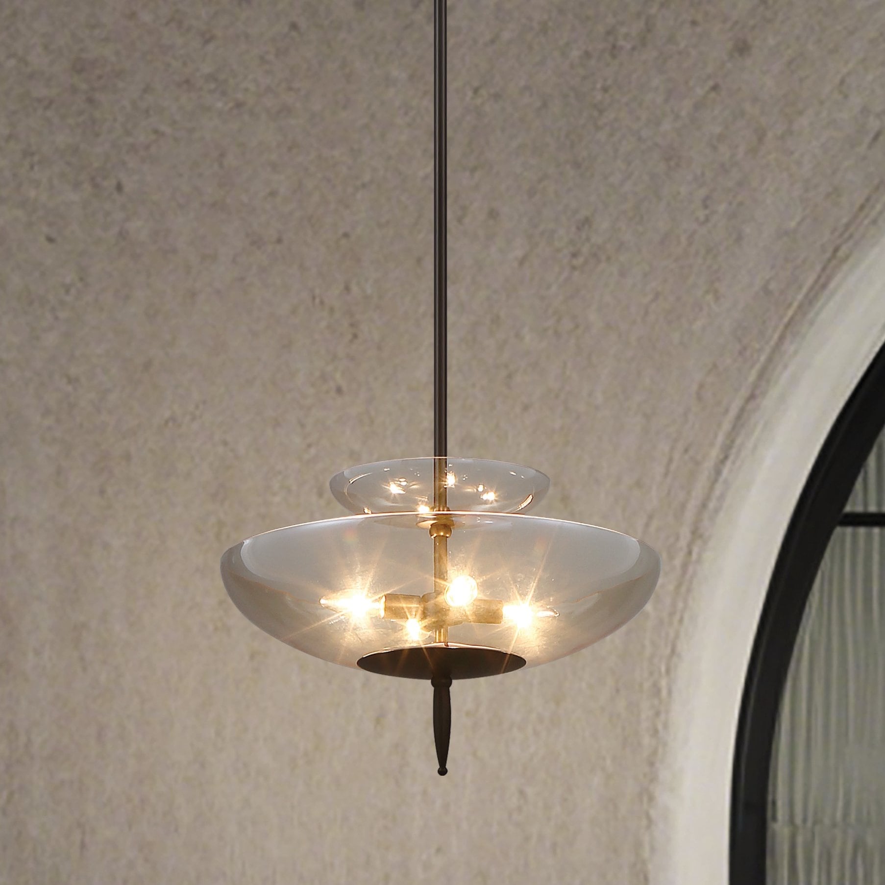Fiorello 21 Inch 4 Light Forged Bronze Convertible Pendant With Smoked Amber Glass Shades