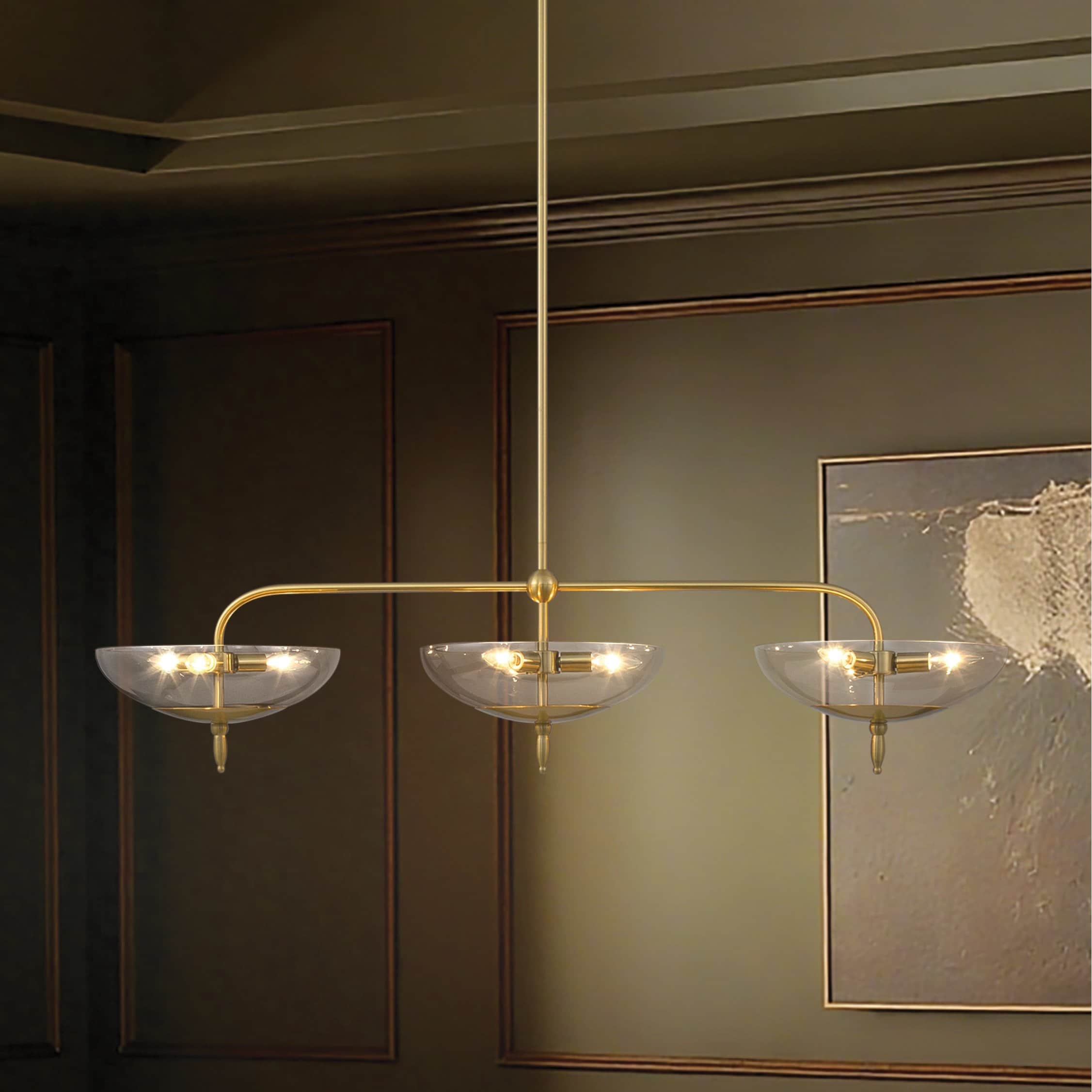 Fiorello 54 Inch 9 Light Brushed Gold Linear Chandelier With Smoked Amber Glass Shades L 54 X W 14.5 X H 13 X M H 74