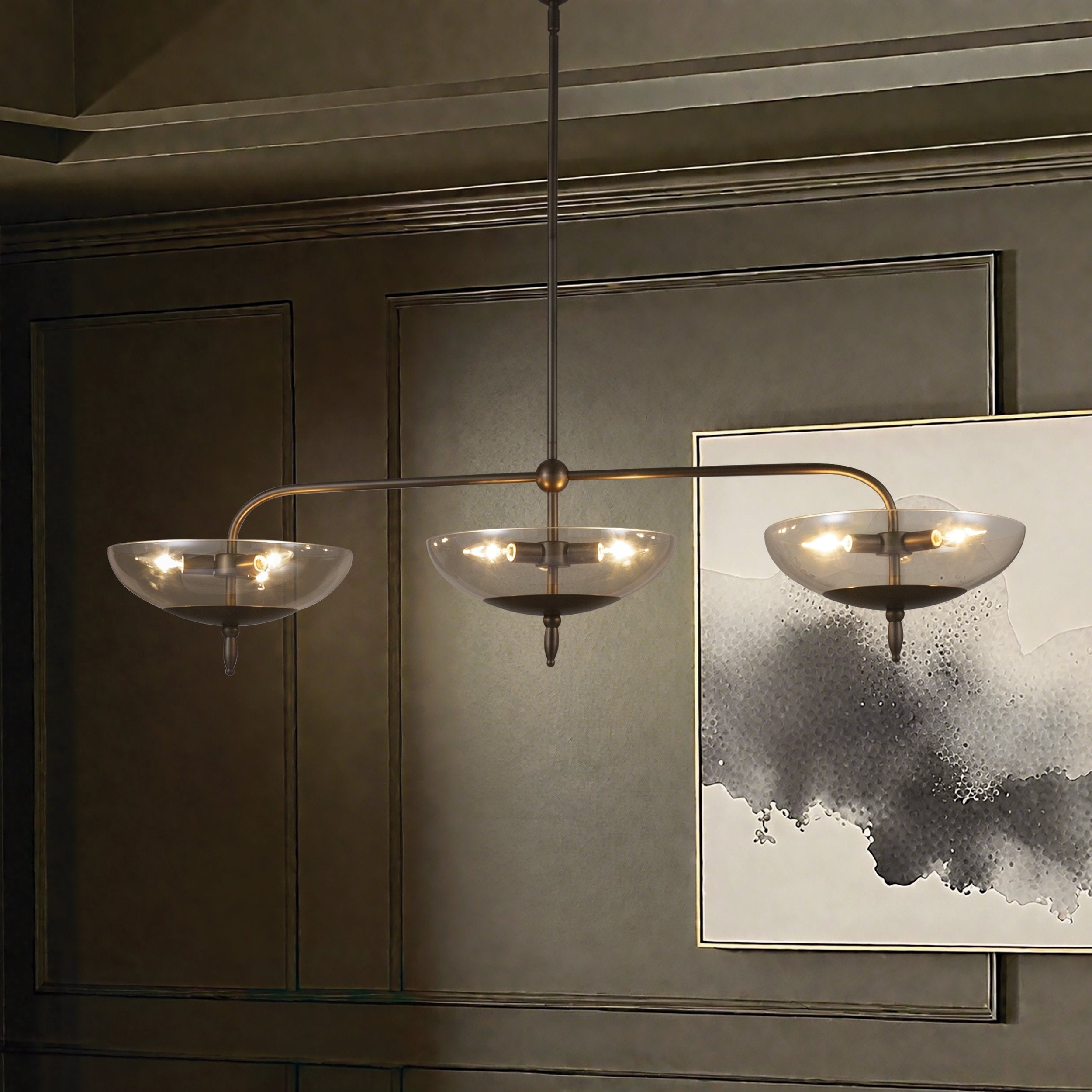 Fiorello 54 Inch 9 Light Forged Bronze Linear Chandelier With Smoked Amber Glass Shades L 54 X W 14.5 X H 13 X M H 74