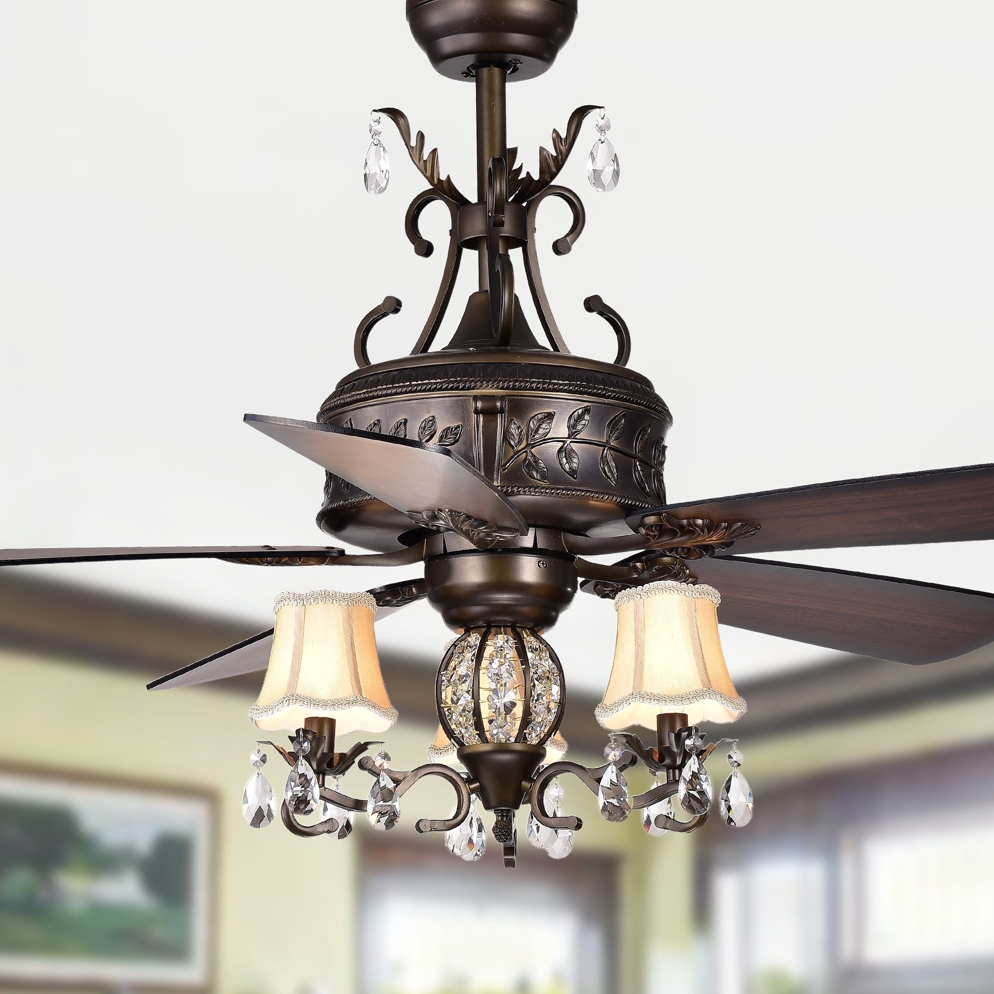 Firtha 52 Inch 5 Blade Antique Lighted Ceiling Fans With Branched French Chandelier Optional Remote Brown