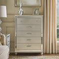 Five Drawer Solid Wood Chest With Mirror Accent Trim Front Silver