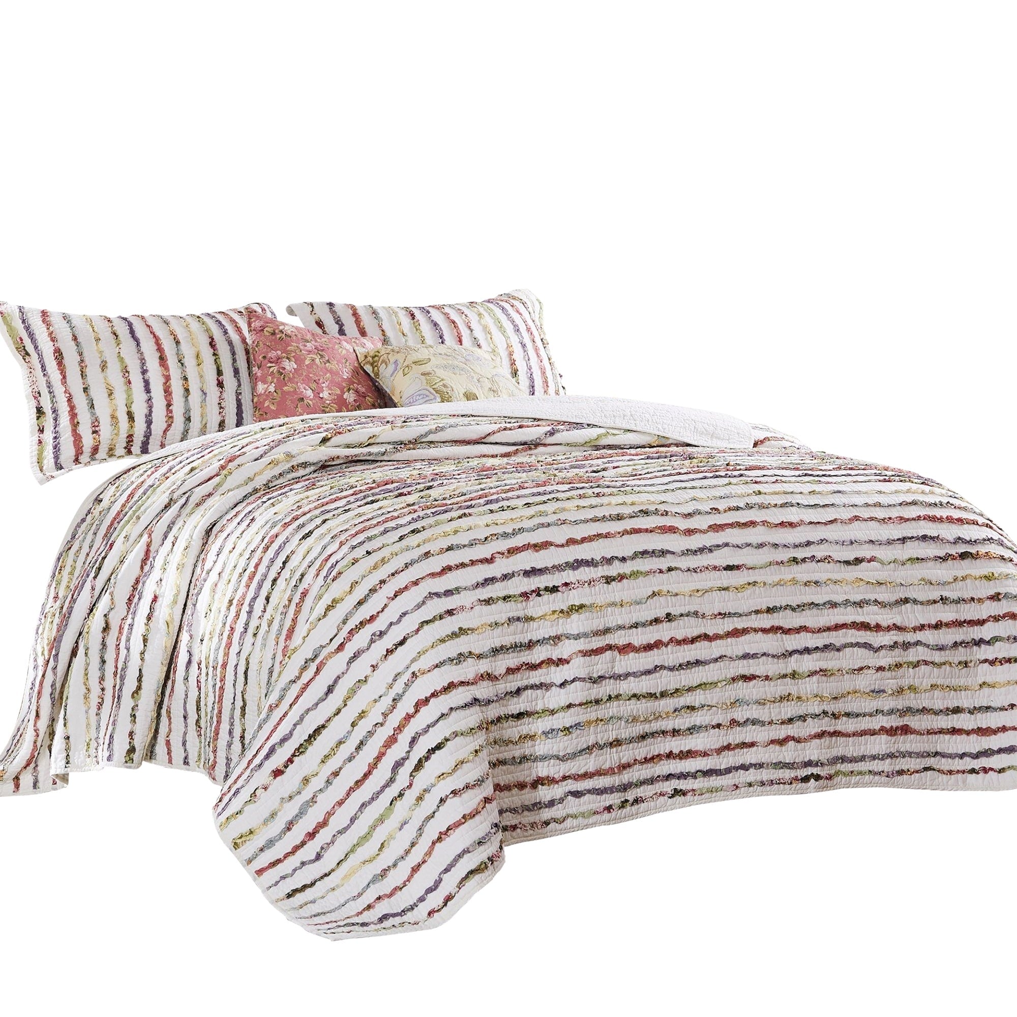 Five Piece King Size Cotton Quilt Set With Sewn Floral Ruffles Multicolor