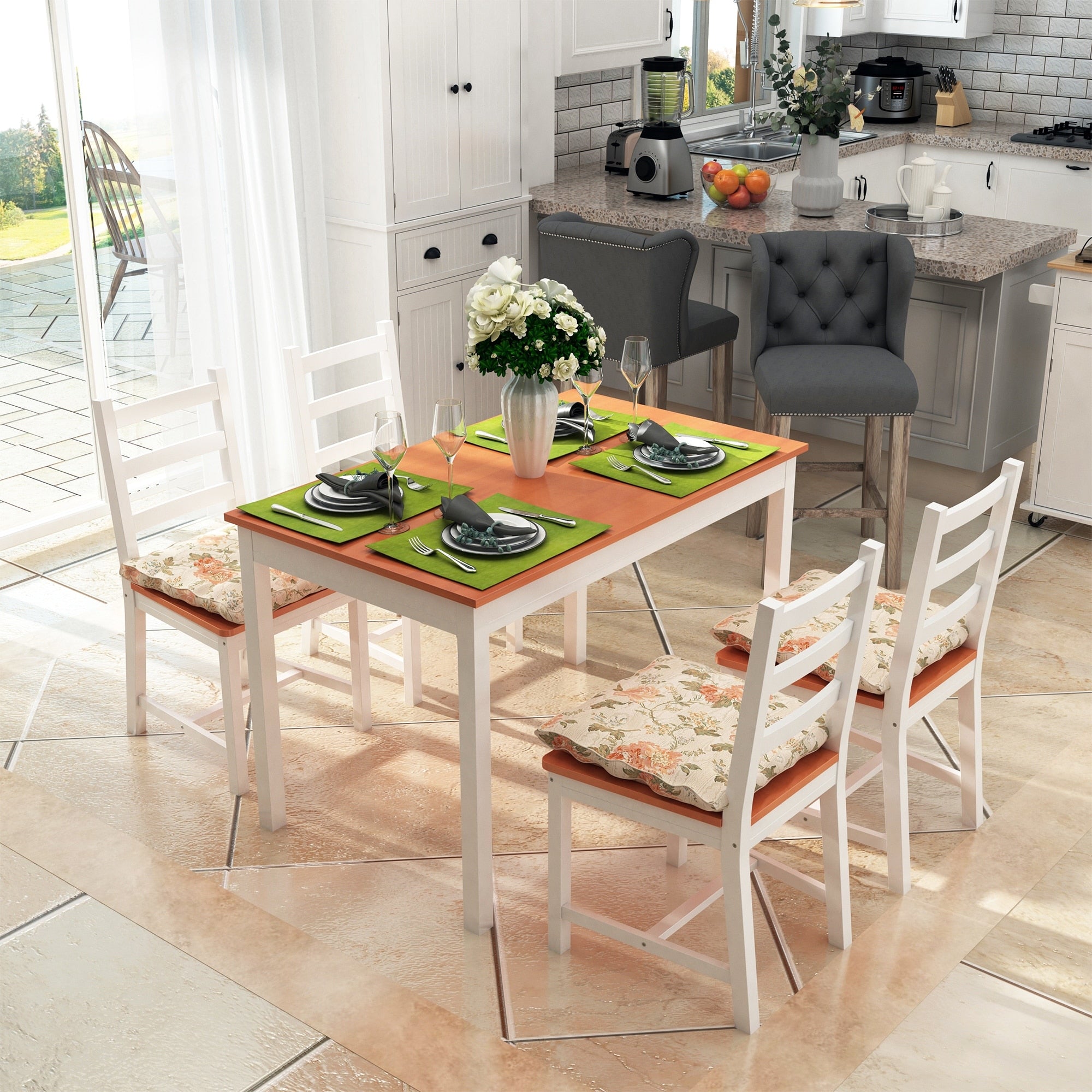 Homcom Five Piece Solid Pine Wood Table And High Back Chair Dining Set White Natural Wood
