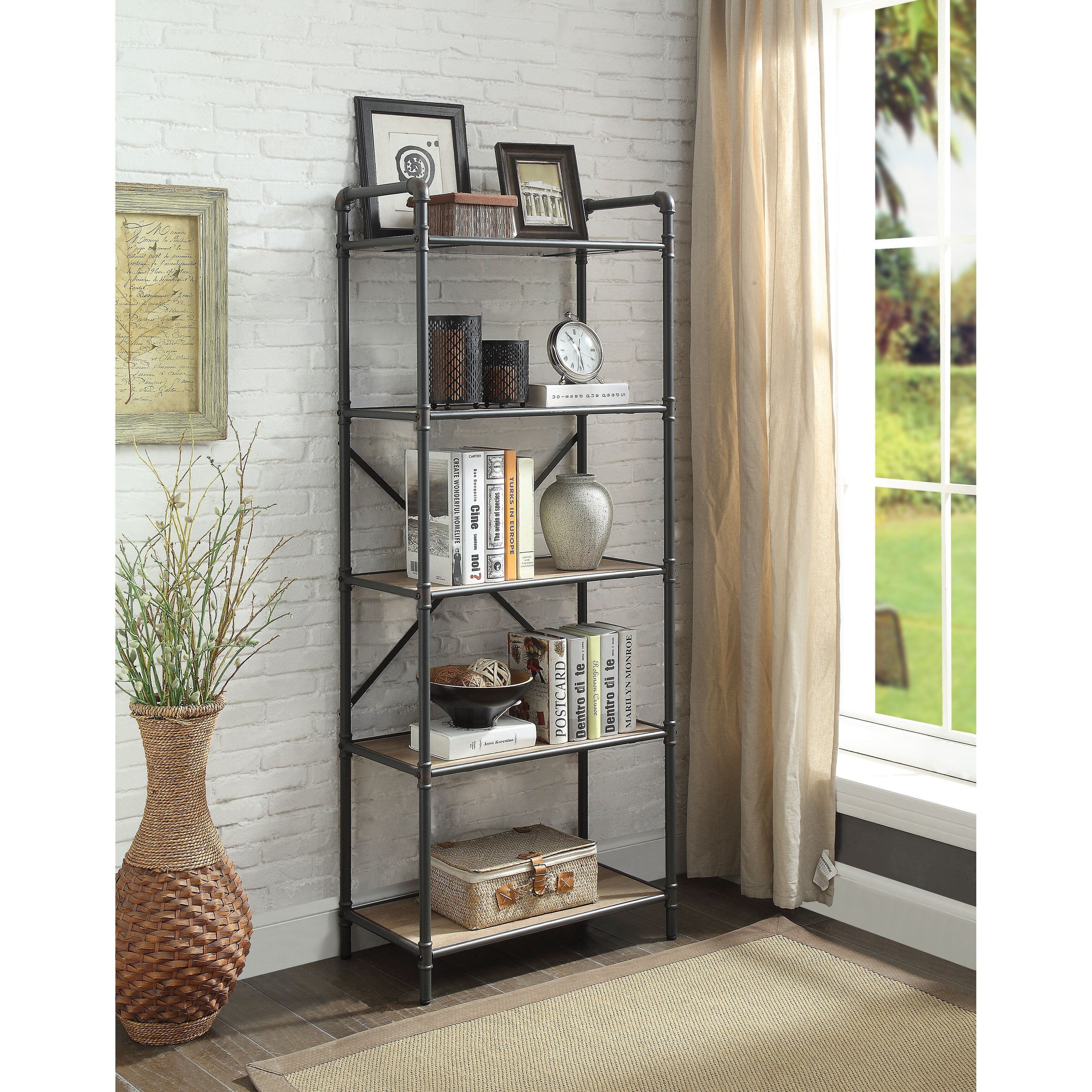 Five Tier Metal Bookshelf With Wooden Shelves Oak Brown Gray