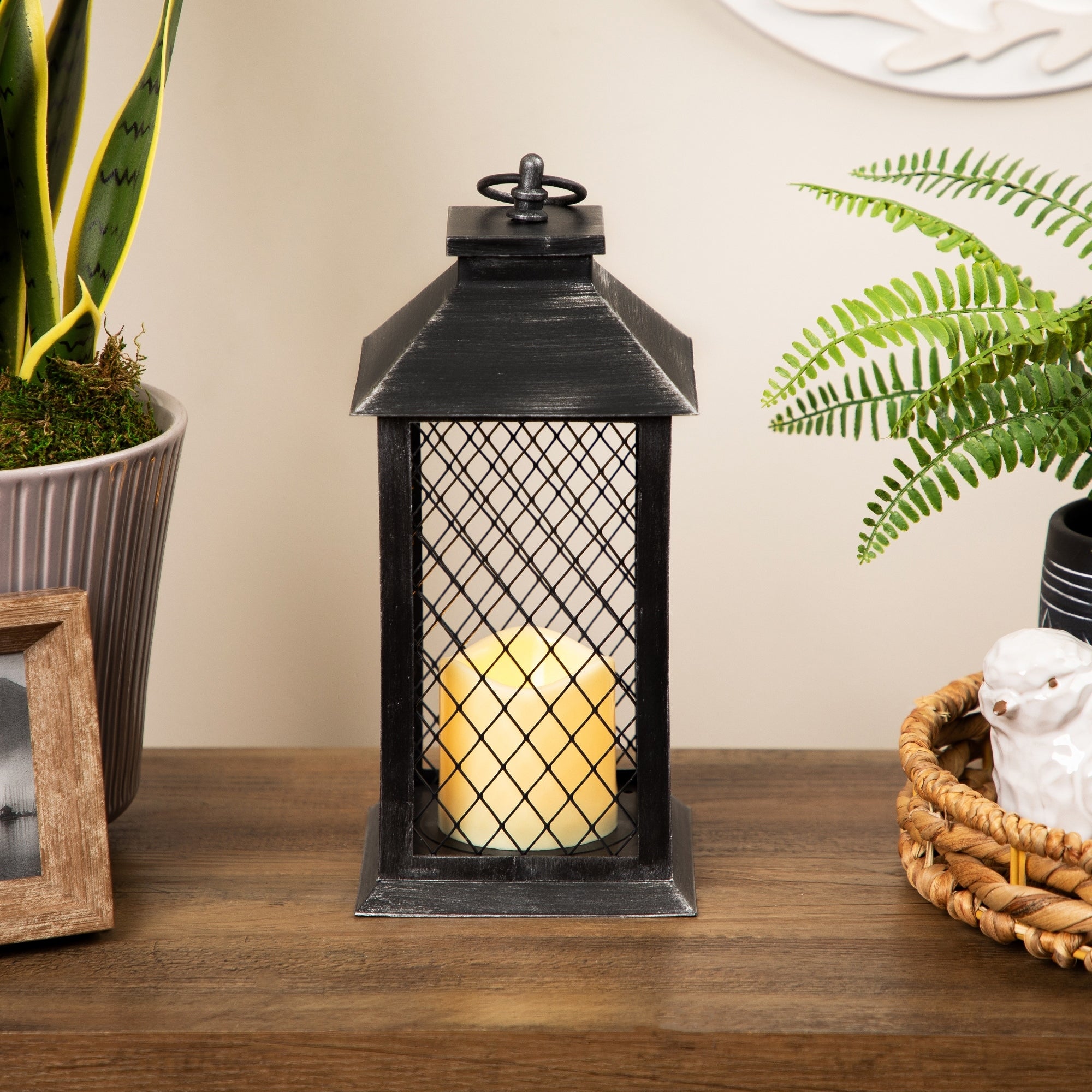 11 Silver Brushed Black Mesh Candle Lantern With Flameless Led Candle