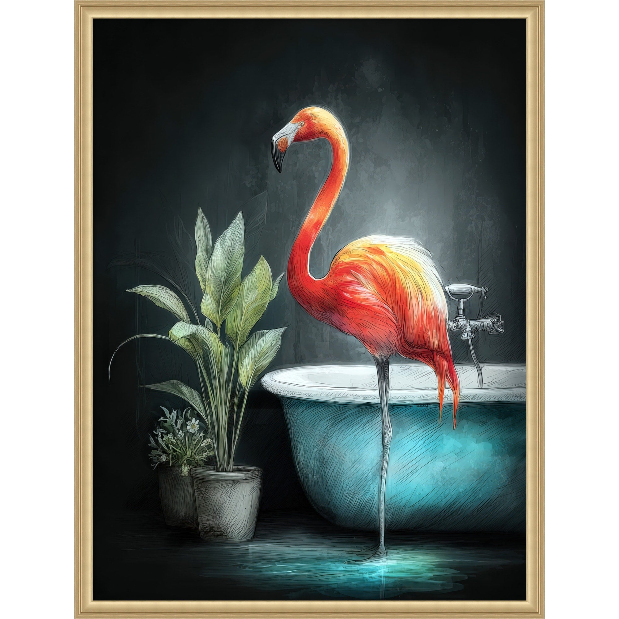 Flamingo In Bathtube 2 By Justyna Jaszke Framed Mounted Canvas Wall Art Print