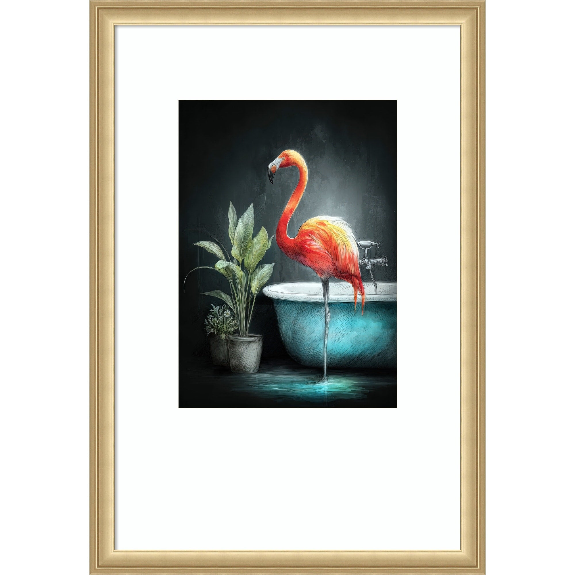 Flamingo In Bathtube 2 By Justyna Jaszke Wood Framed Wall Art Print