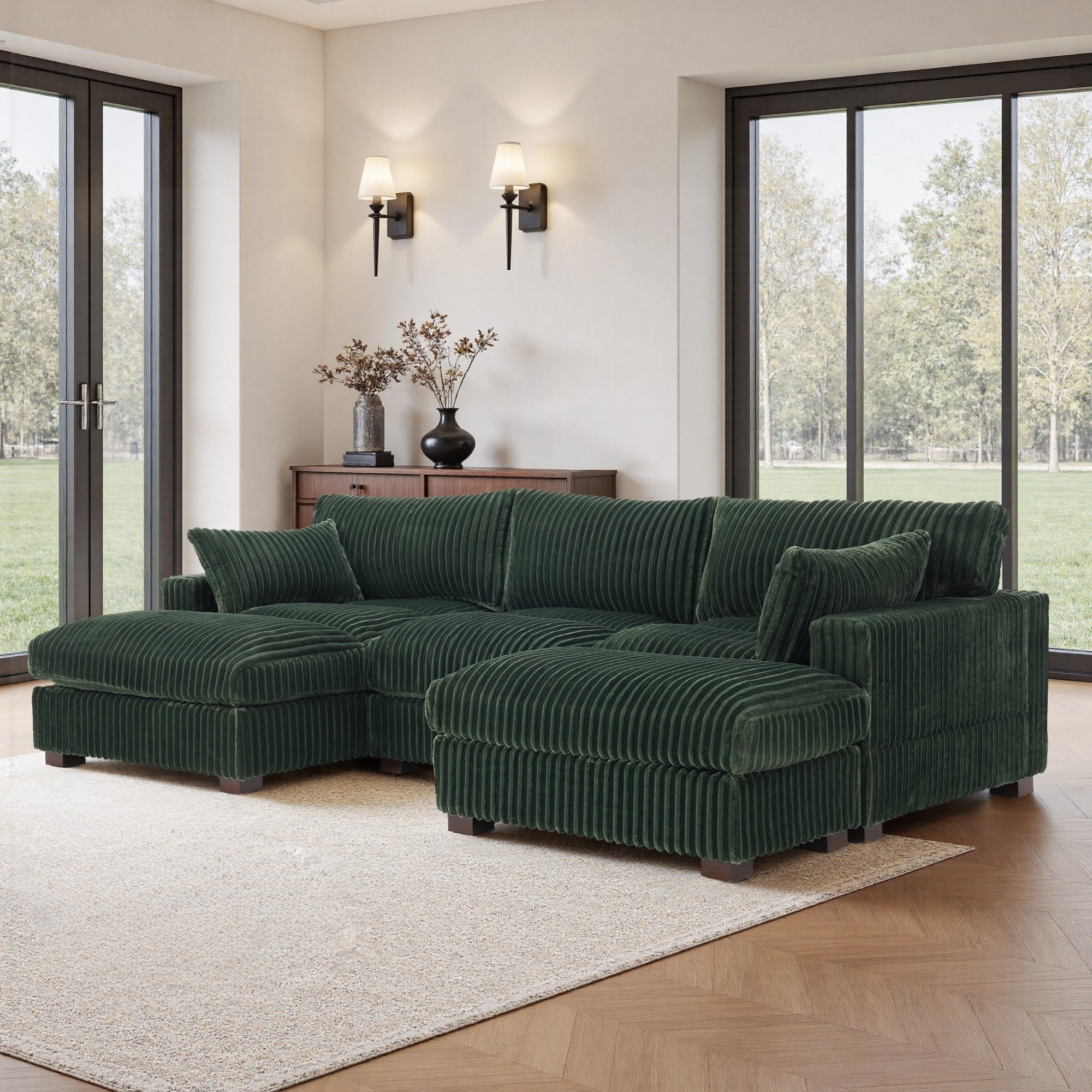 Flannel Upholstered Modular Sectional Sofa With Adjustable Headrest