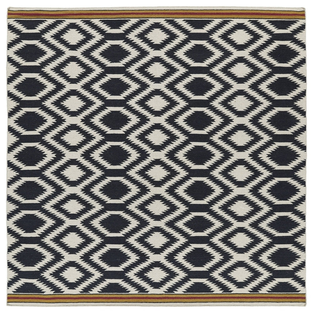 Flatweave Tribeca Black Geo Wool Rug 8 Square