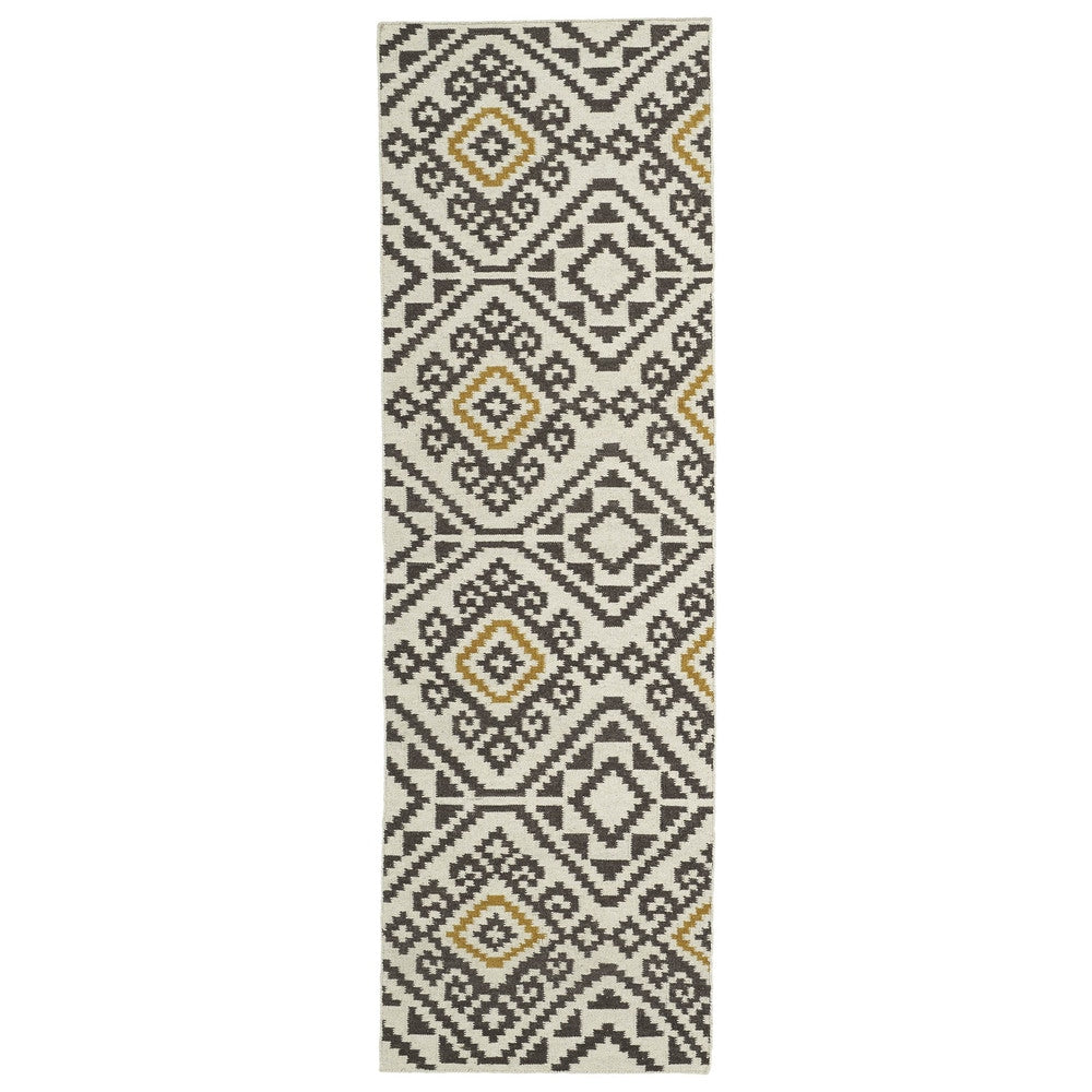Flatweave Tribeca Motif Grey Wool Runner Rug 26 X 8