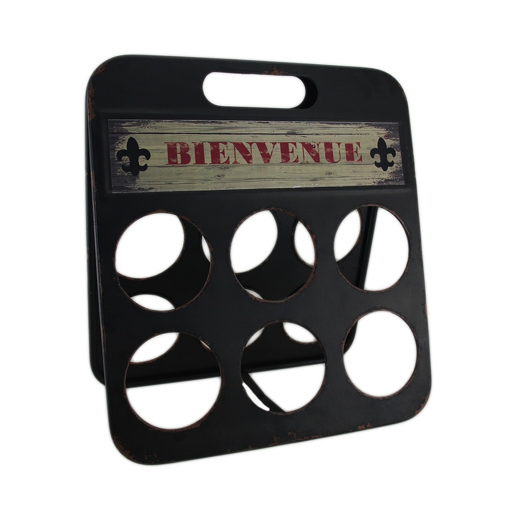 Fleur De Lis Bienvenue Distressed Metal 6 Bottle Wine Holder