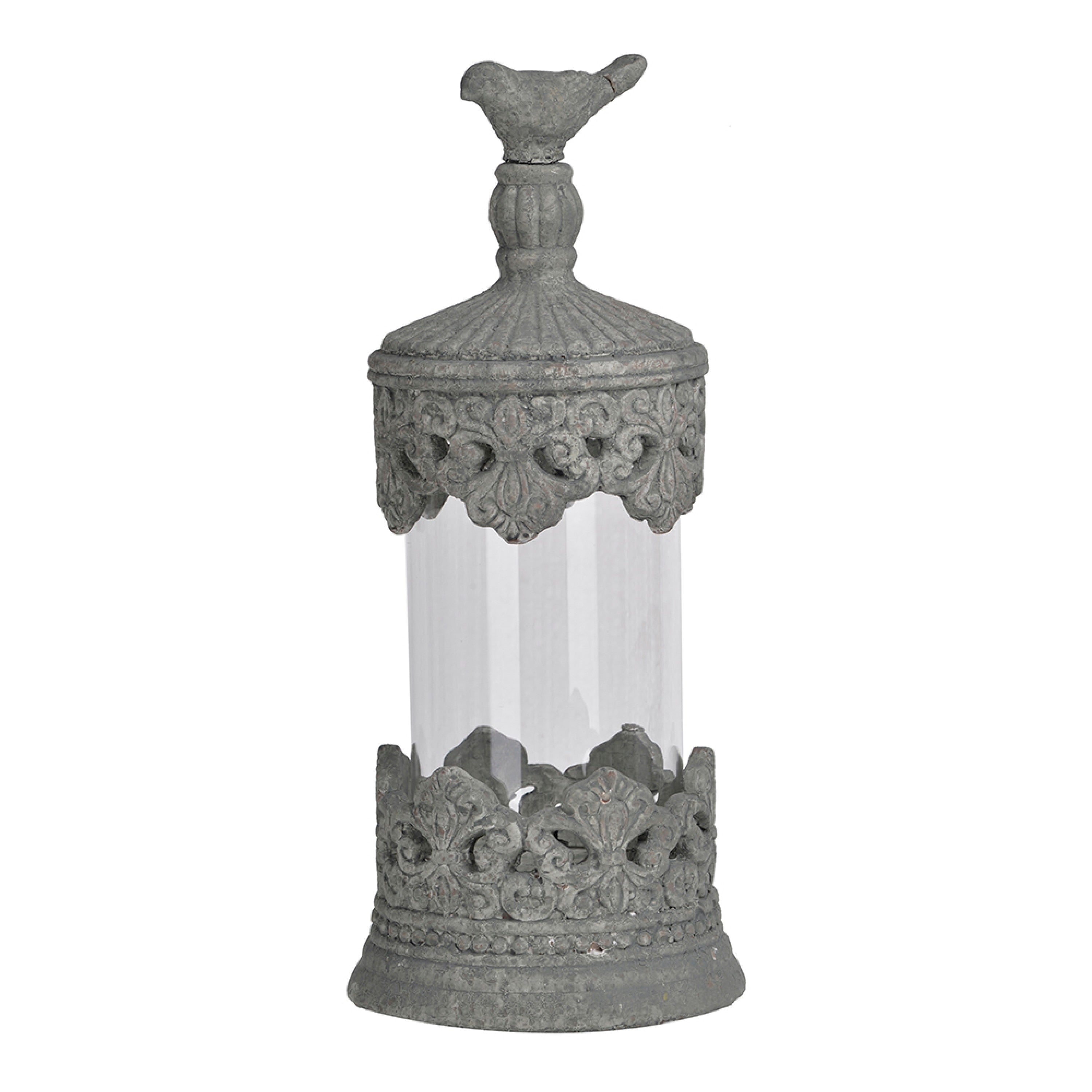 Floating Fleur Glass Jar 13 Inch Gray Bird Accent Ornate Cement Lid