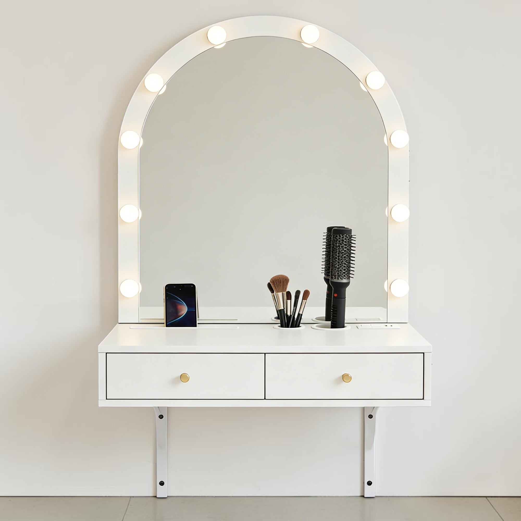 Floating Makeup Vanity Desk With Led Mirror Power Outlet And Drawers Wall Mounted Dressing Table