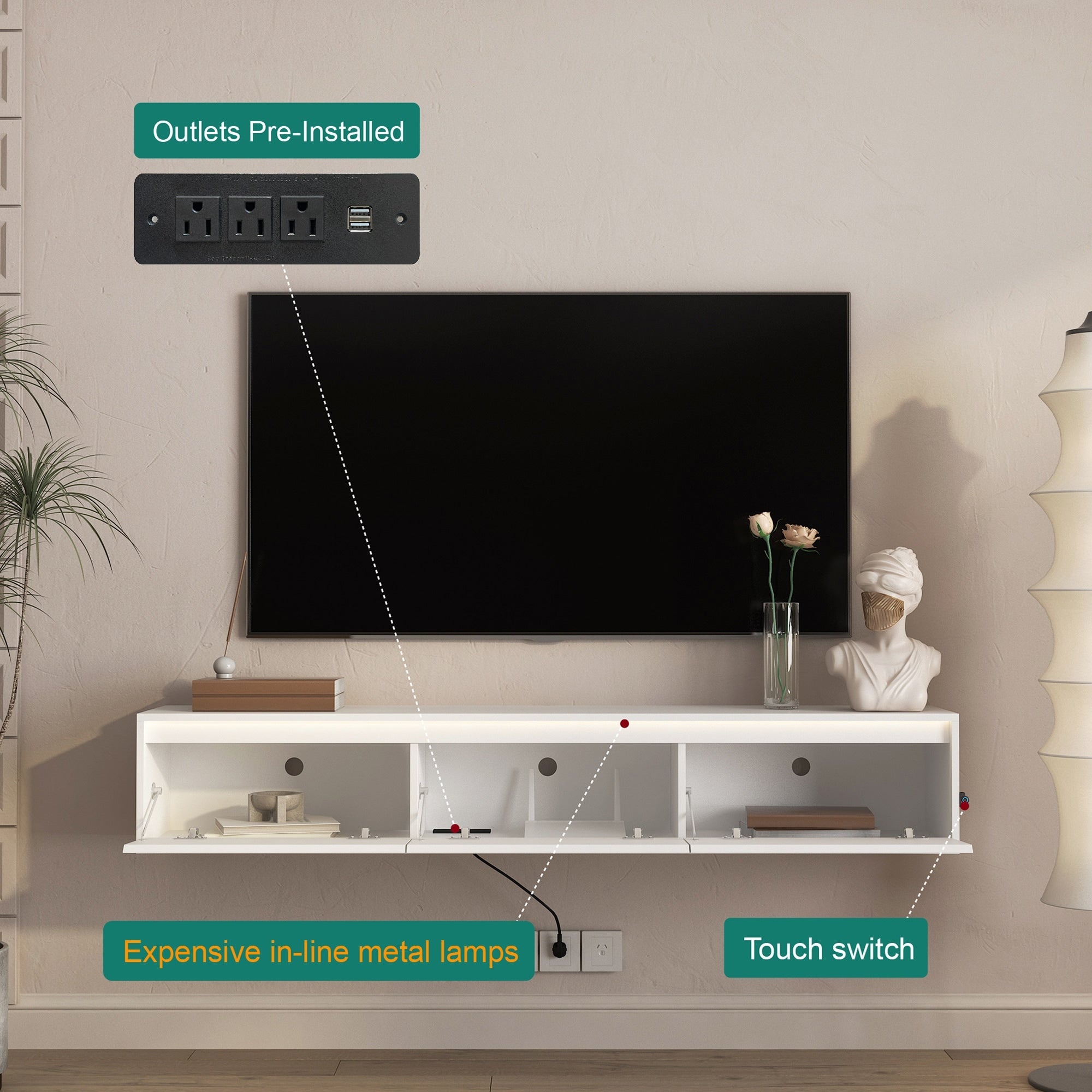 Floating Tv Stand Cabinet With Led Lights Wall Mounted Tv Console With Power Outlet