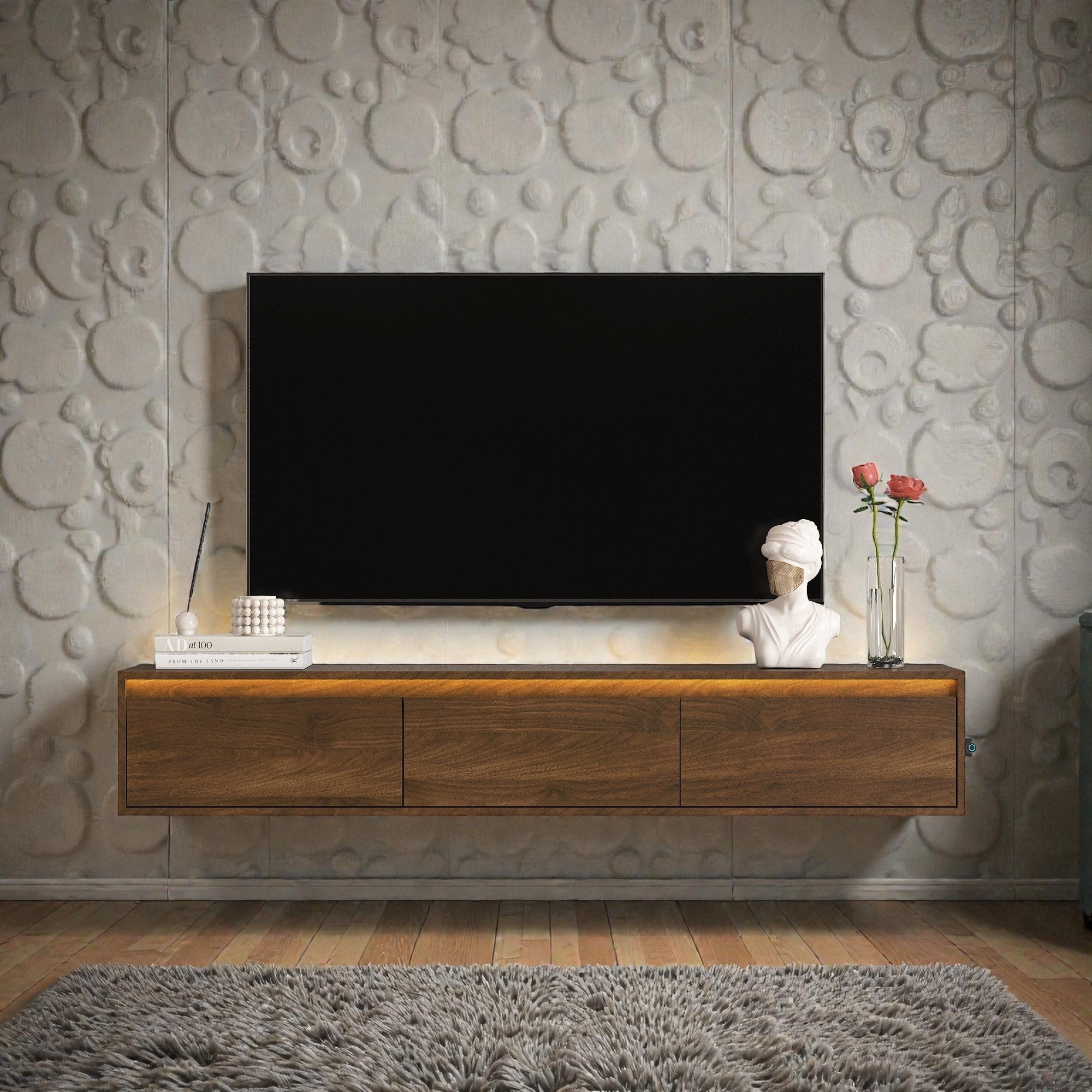 Floating Tv Stand With Led Lights Power Outlet Wall Mounted High Gloss Tv Cabinet With Storage And Usb Ports