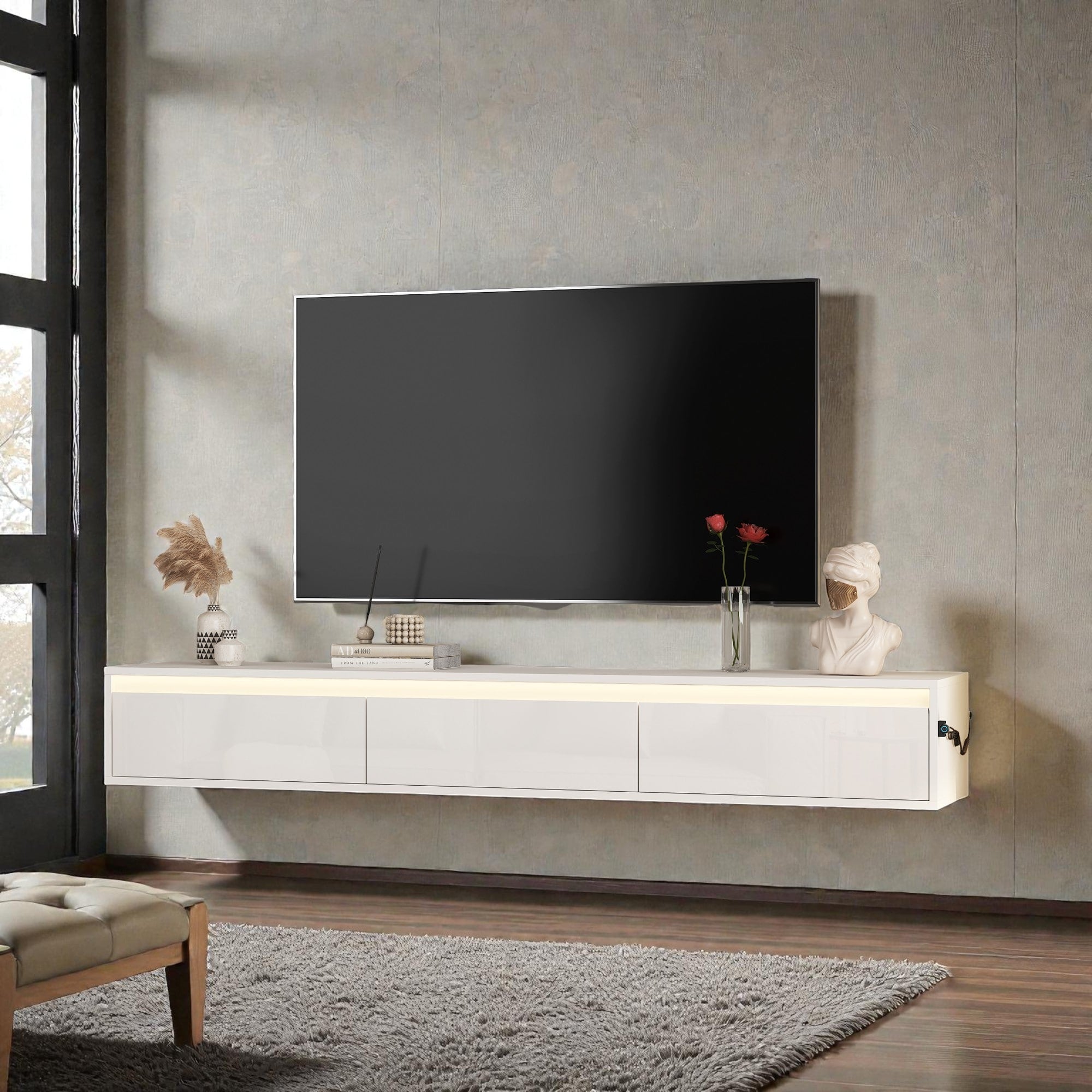 Floating Tv Stand With Led Lights And Power Outlet Wall Mounted High Gloss Tv Cabinet For 60 69 Inch Tvs