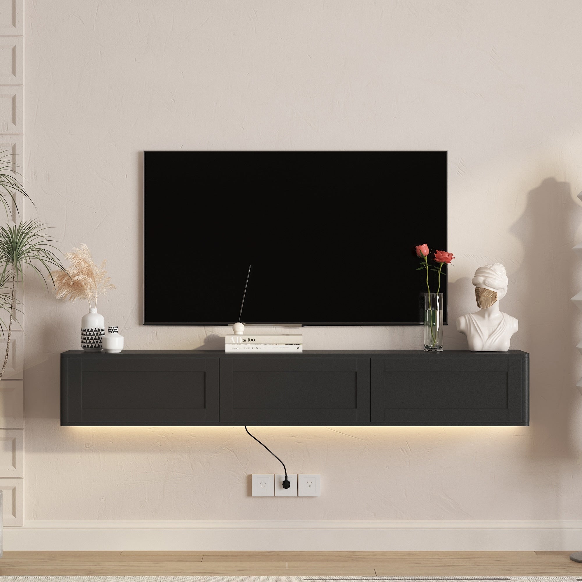 Floating Tv Stand Wall Mounted Tv Shelf With Led Lights Power Outlet High Gloss Tv Cabinet For Tv Stands For Living Room